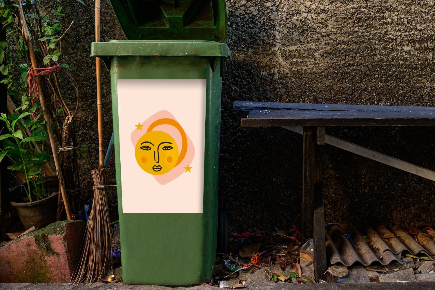 Wandsticker - St), Abfalbehälter (1 Mülltonne, Sonne Container, Sterne Sticker, - Abstrakt Gesicht - Mülleimer-aufkleber, MuchoWow