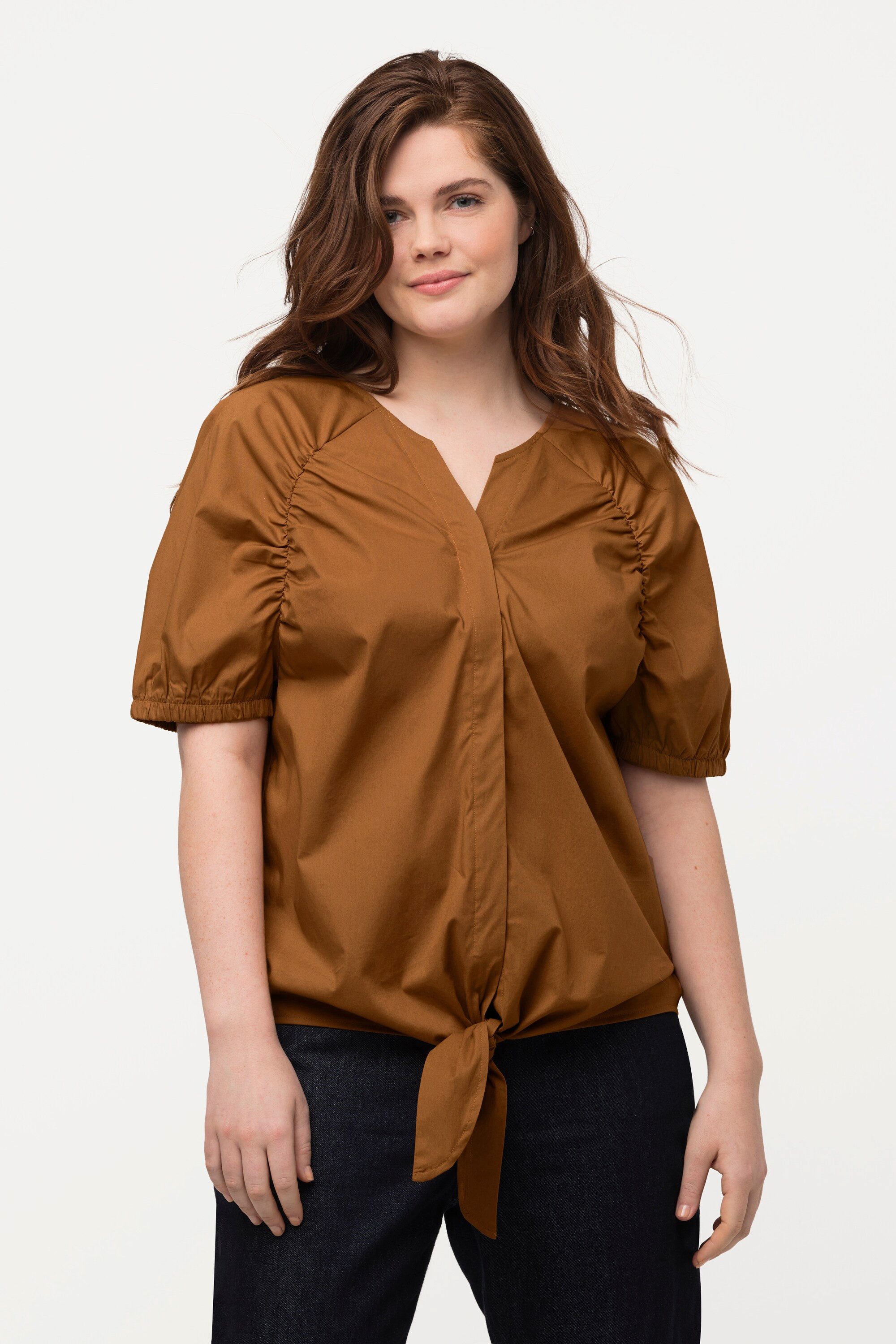 Spitzenbluse Bluse Saumband Tunika-Ausschnitt Halbarm
