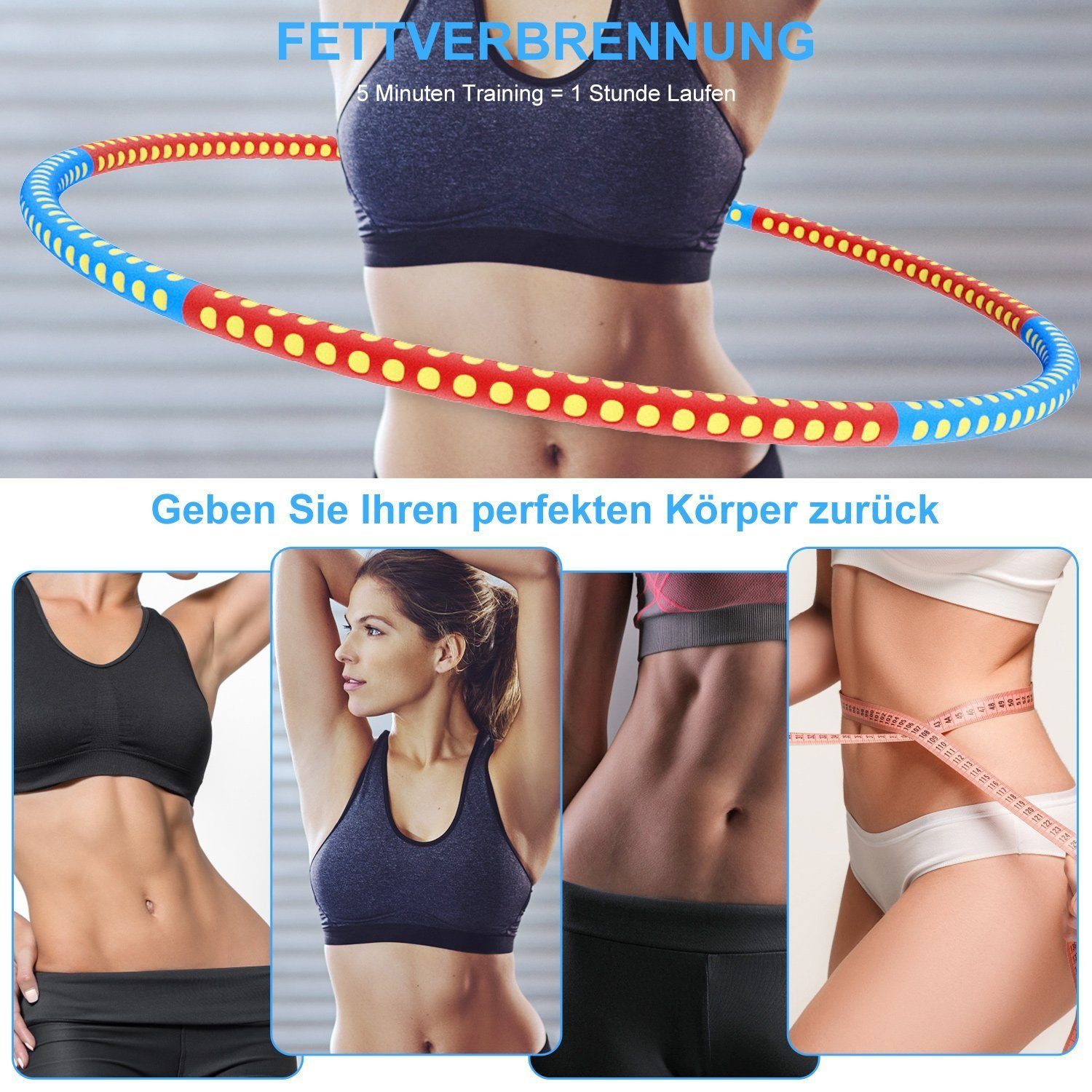 Daskoo Hula-Hoop-Reifen steckbarer Hula Erwachsene und Reifen, Fitness Gewichtsreduktion Rot-blau Bauchtrainer Ø90cm, Massage zur abnehmbar, für Springseil und (Inklusive Schweißtuch), Ø90cm Hoop 6-teilig