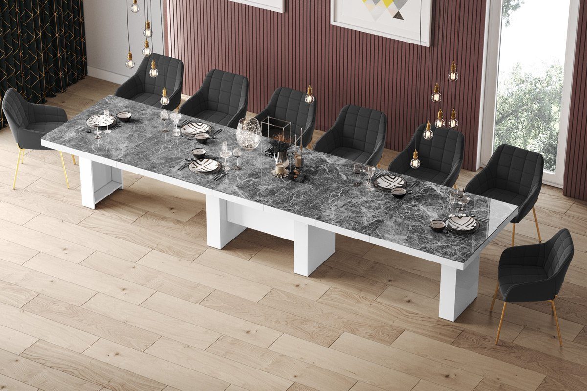 designimpex Esstisch Design Konferenztisch Tisch HLA-111 Hochglanz XXL ausziehbar 160-400cm Marmor dunkel Hochglanz - Weiß Hochglanz