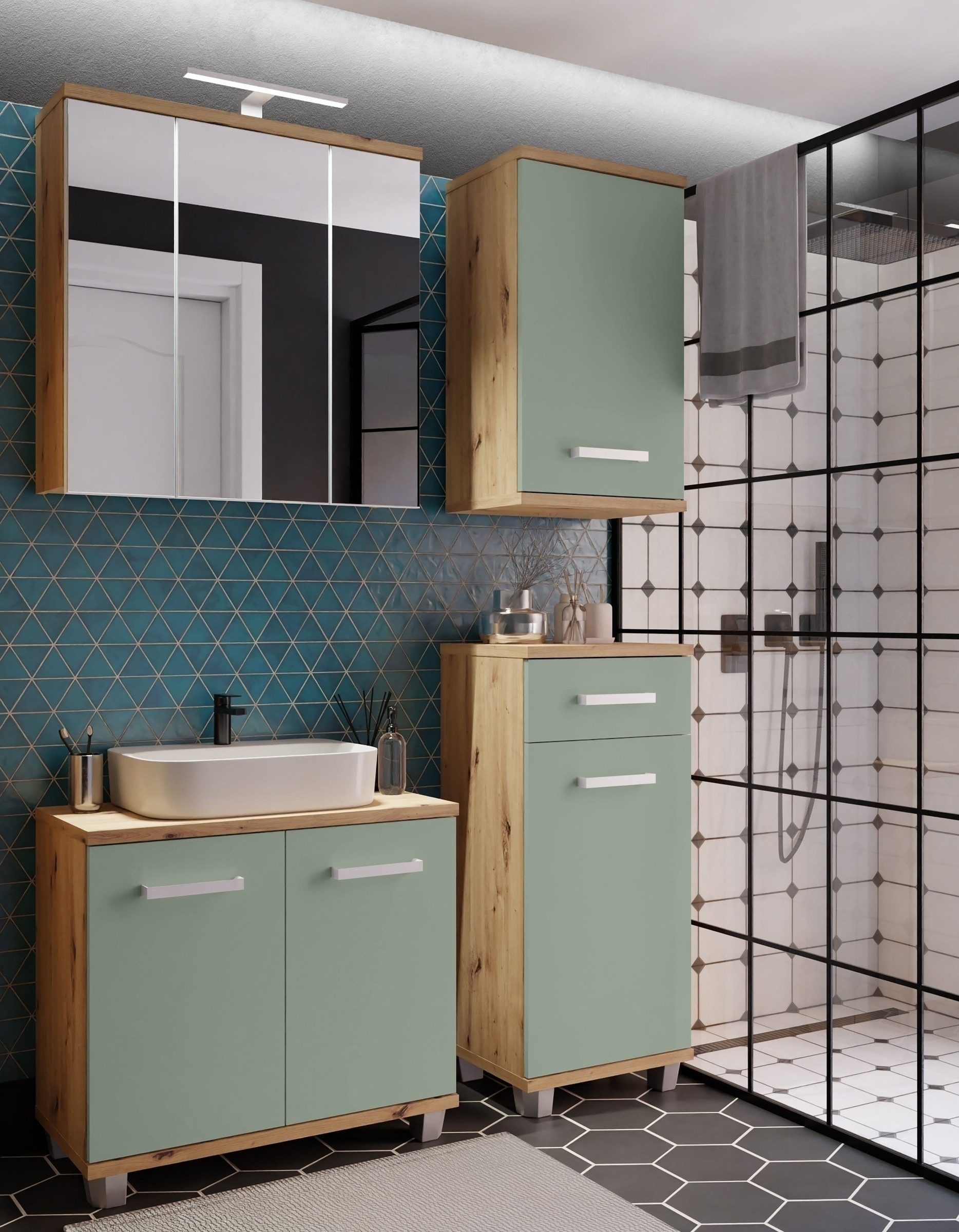 freiraum Badezimmer-Set Veris, (4-teilig), (4-teilig) in Artisan Eiche Dekor / Salbei, Holzwerkstoff