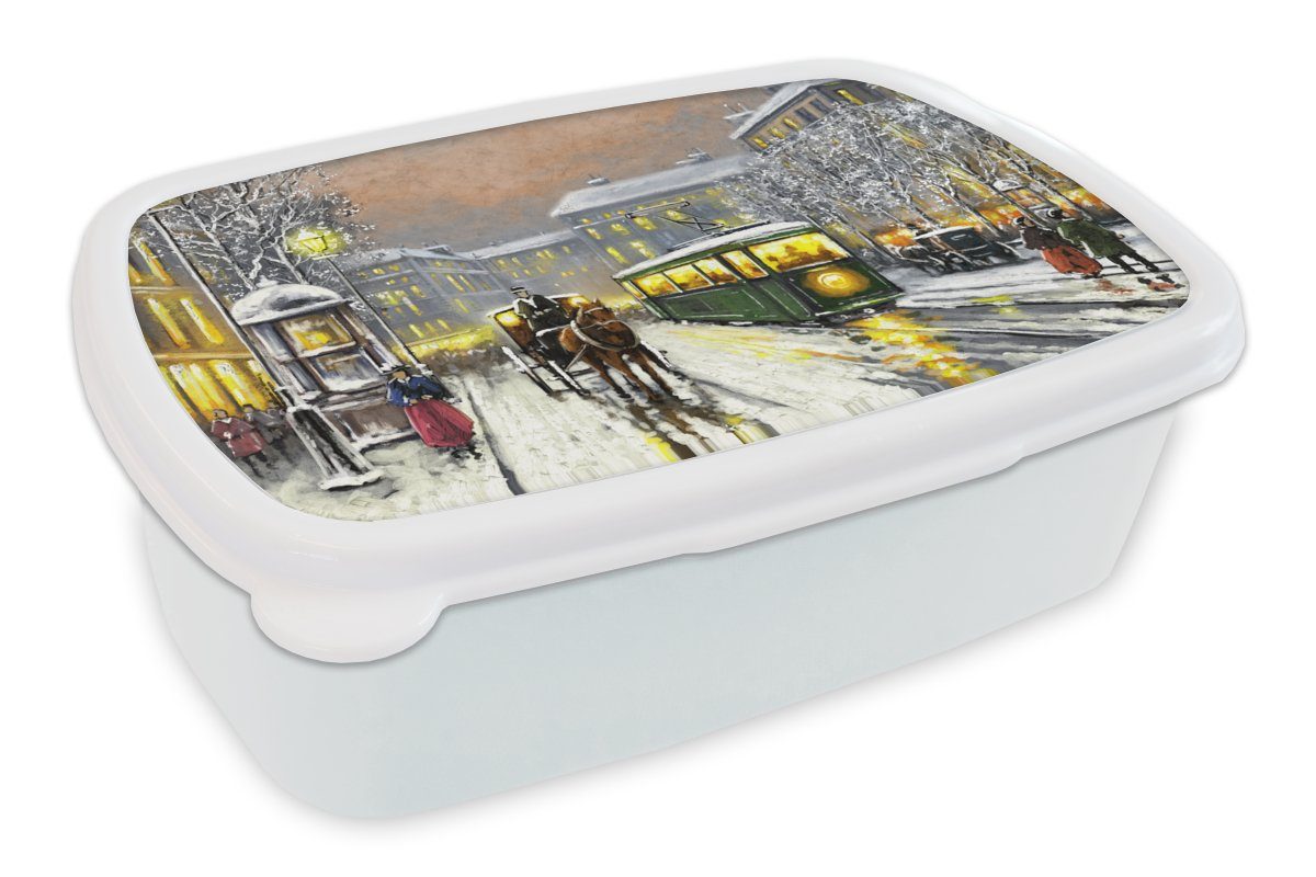 MuchoWow Lunchbox Gemälde - Ölgemälde - Winter - Straßenbahn - Pferd, Kunststoff, (2-tlg), Brotbox für Kinder und Erwachsene, Brotdose, für Jungs und Mädchen weiß
