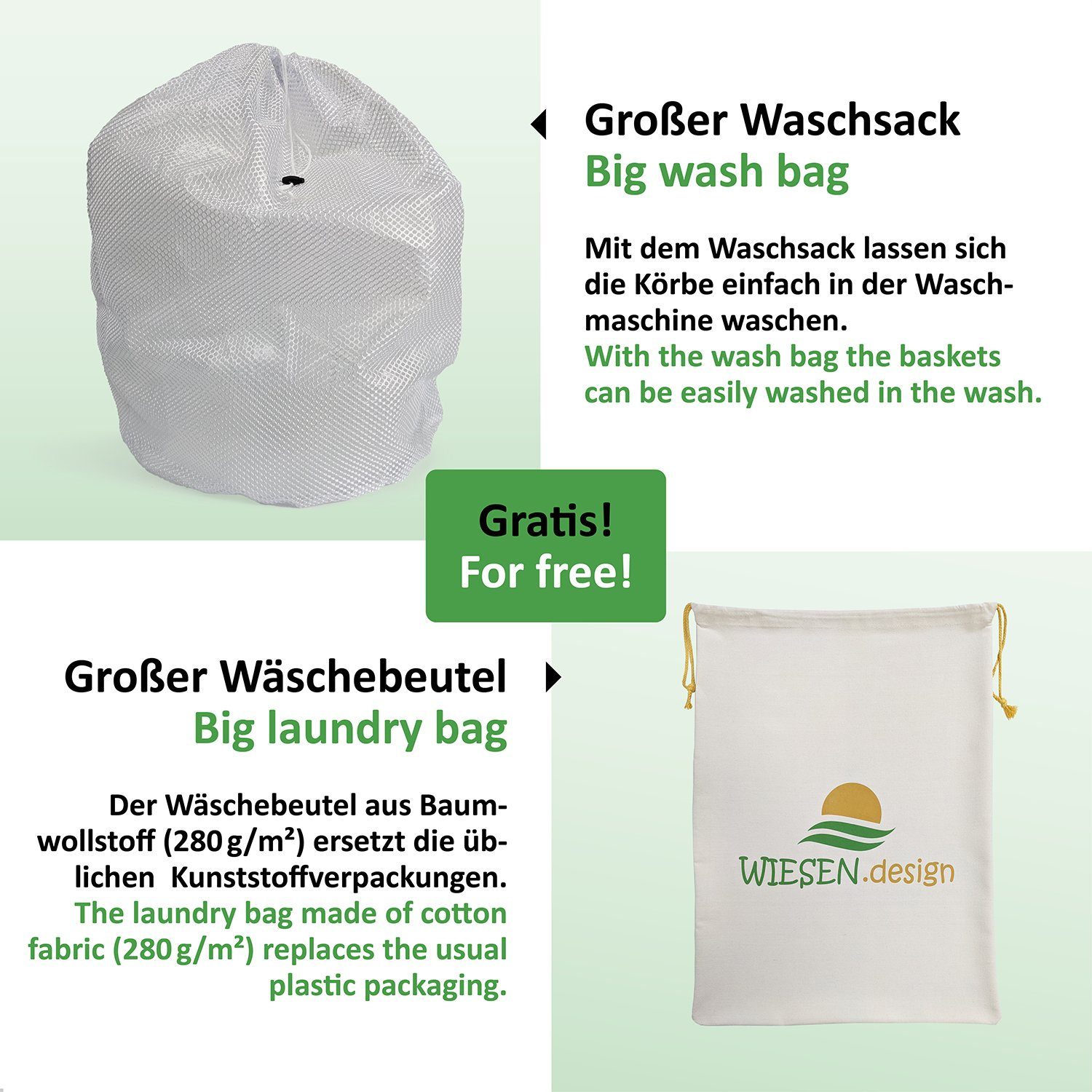 WIESEN.design gratis Hellbraun/Weiß, großem Knut und geflochten, Versand Waschsack Wäschekorb Aufbewahrungskorb Baumwolle, schwerem 100% Wäschesack, inkl.