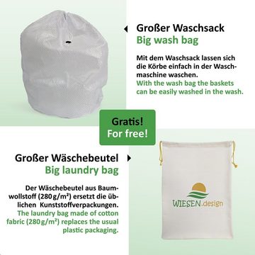 WIESEN.design Wäschekorb Knut Hellbraun/Weiß, 100% Baumwolle, Aufbewahrungskorb geflochten, inkl. großem Waschsack und schwerem Wäschesack, gratis Versand