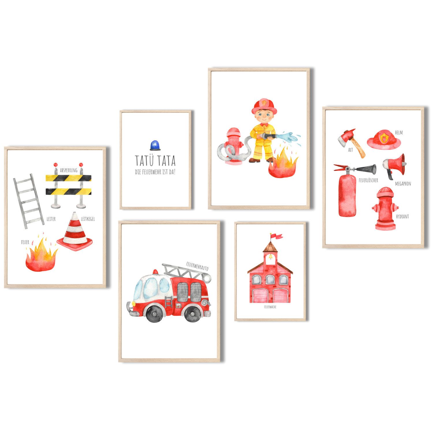 MeinBaby123® Poster Feuerwehr, Bilder Kinderzimmer Deko Jungs, Feuerwehrauto, Feuerwehrmann
