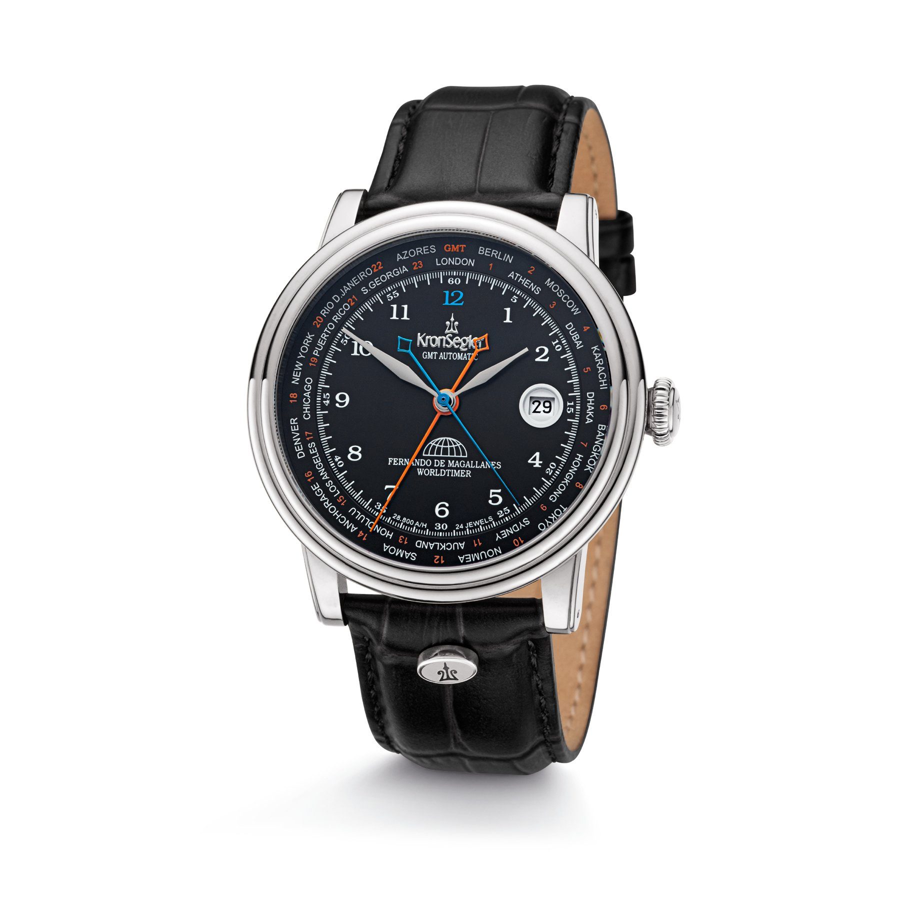 m. GMT Lederband, Automatikuhr Magallanes" Worldtimer "Fernando mit Herren stahl-schwarz/schwarz Armbanduhr de Kronsegler