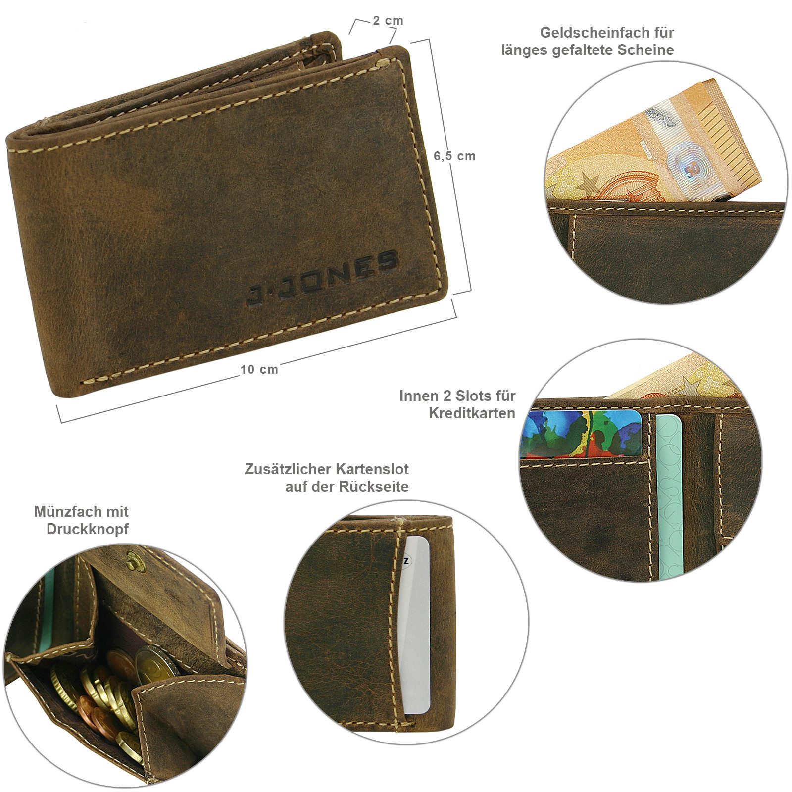J JONES JENNIFER JONES Mini Geldbörse Herren Leder Geldbeutel Extra Slim, RFID-Safe, Used Optik, 10 x 6,5 cm