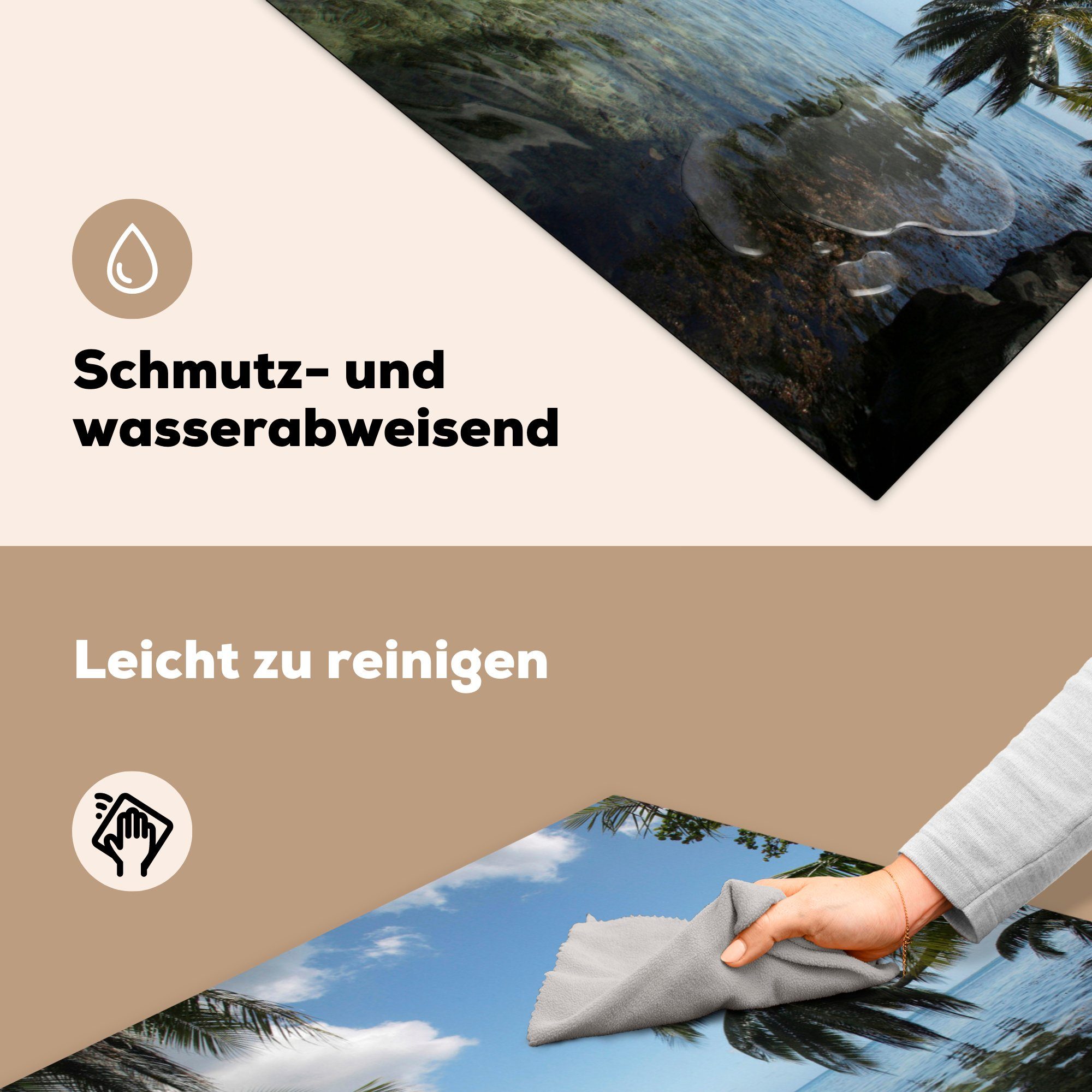 von Palmen Ceranfeldabdeckung, Mo'orea, für MuchoWow Spiegelung der küche Meer cm, Vinyl, (1 tlg), Herdblende-/Abdeckplatte 78x78 Arbeitsplatte im