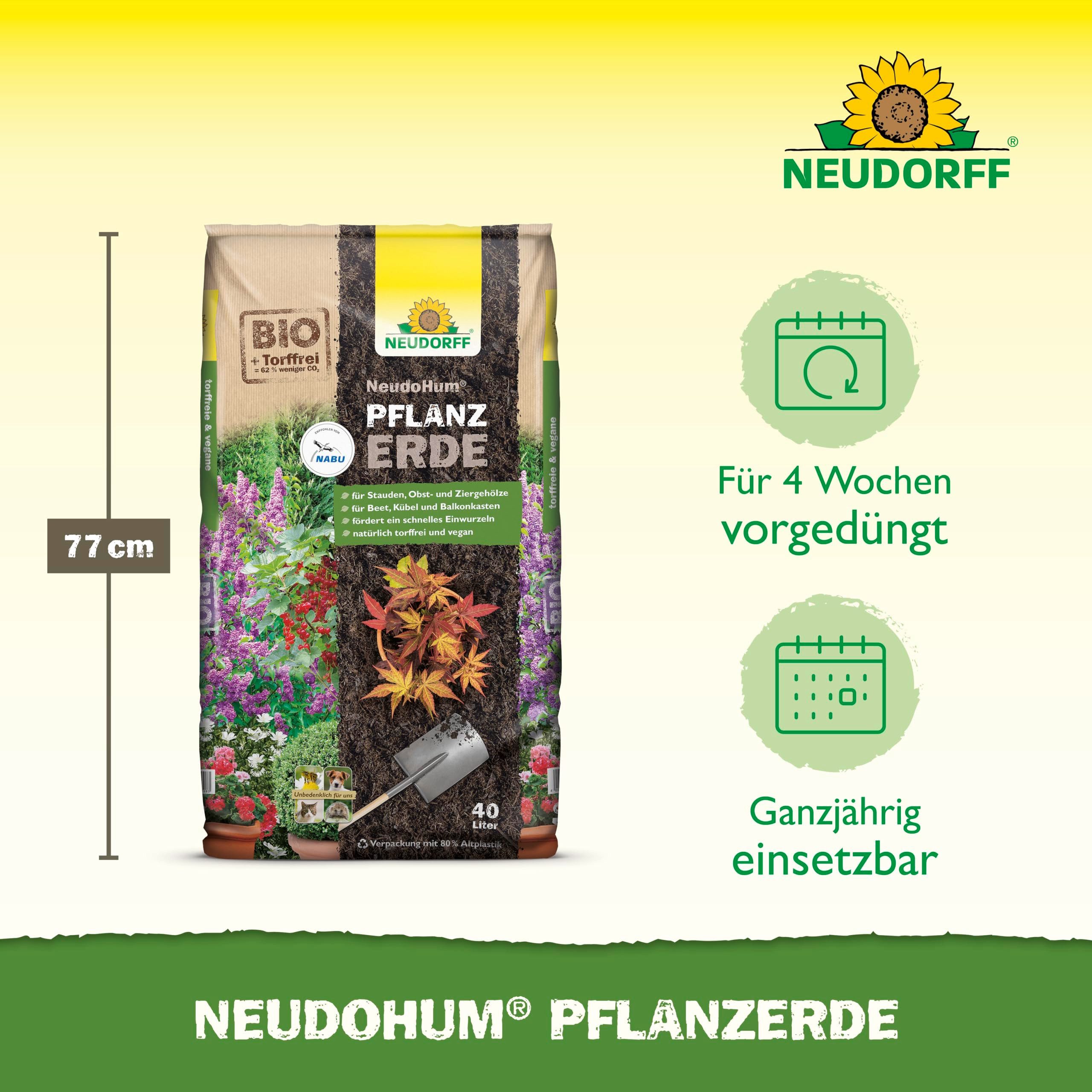 Neudorff Pflanzerde NeudoHum PflanzErde 40 Liter, mit Organischer Dünger, (Torffreie Gartenerde für Stauden, Ziergehölze und aromatisches Obst, Gemüse und Kräuter, für Beet, Hochbeet, Kübel und Balkonkasten), Torffreie Pflanzerde mit organischem Dünger