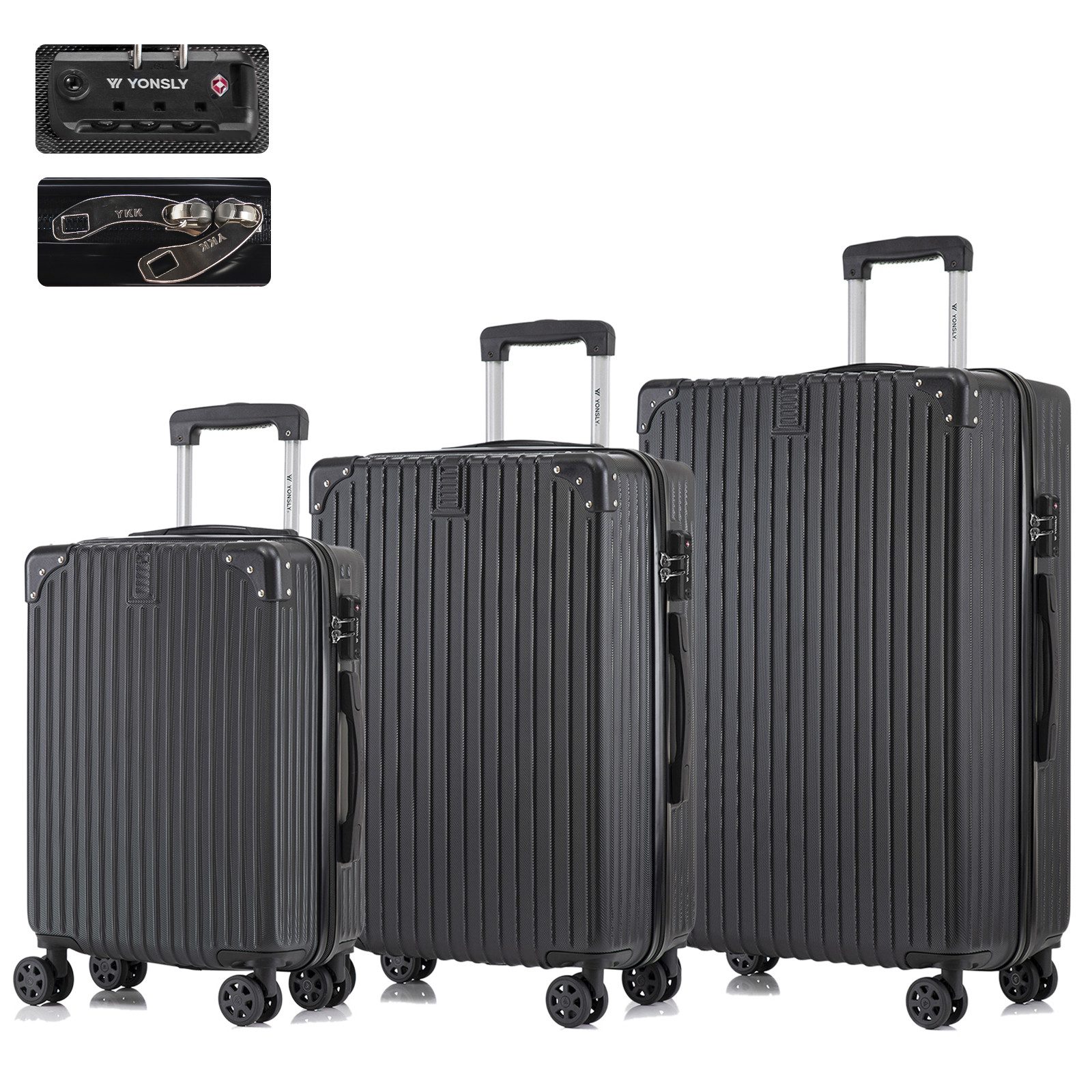 YONSLY Trolleyset Hartschalen Reisekoffer Trolley für Kurztrip, Urlaub und Familie, 4 Rollen, (M-L-XL Set, 3 tlg., Handgepäck-, Reise- und XL-Koffer), mit TSA-Schloss, YKK-Reißverschluss und austauschbaren Rollen