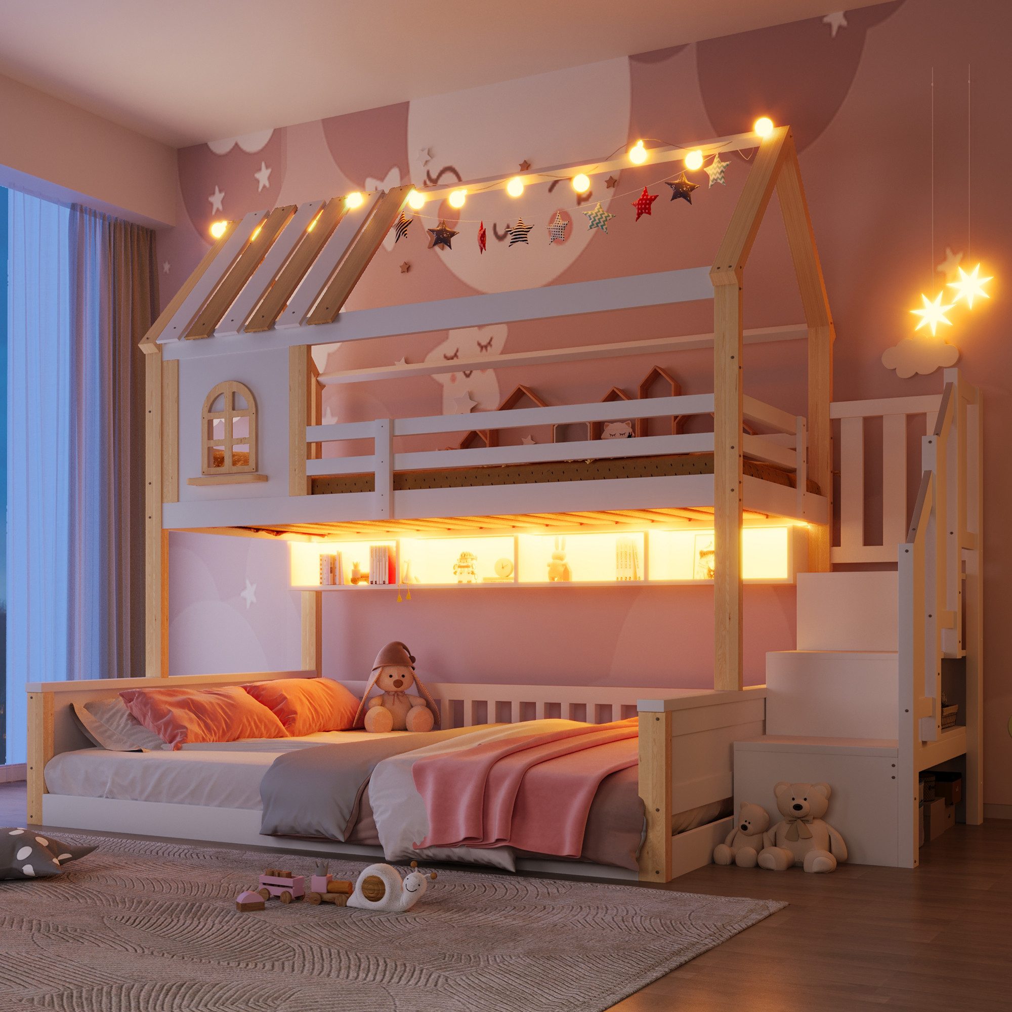 Merax Etagenbett 90x200cm/140x200cm mit LED-Beleuchtung, Stockbett im Hausdesign (Jugendbett Doppelbett, 1-St), Massivholz Kinderbett mit Stauraumtreppe, Regal, Staufächer & Stauraum
