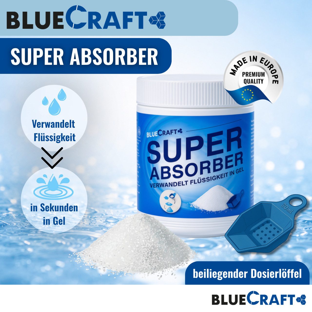 BlueCraft Campingtoilette Granulat Super Absorber 900g Bindemittel für Flüssigkeiten aller Art, (wie Wasser, Urin, Blut, Erbrochenes, Fäkalien, Öl uvm. Gelbinde – Bild 2 von 5