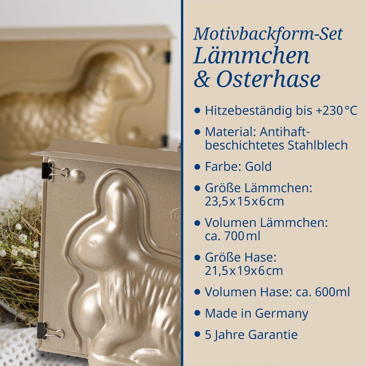 Dr. Oetker Küchenhelfer Backform Osterbackformen-Set Goldiges Ostern, hochwertige Hasenform, Lammform