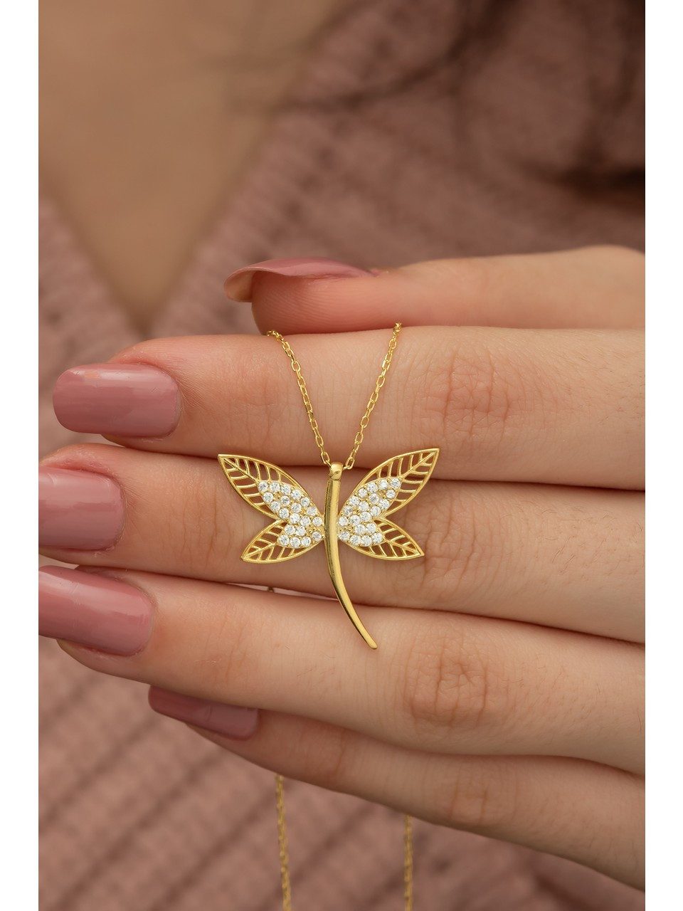 Nisan Ohrring-Set, Silber Halskette mit Vergoldung – Libellen-Anhänger