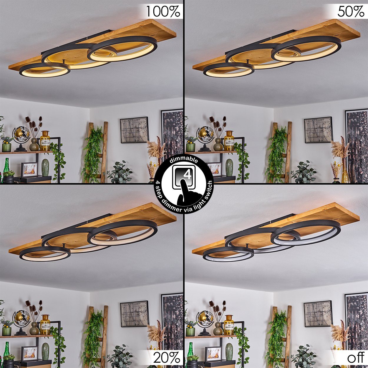 hofstein Deckenleuchte »Palermo« Deckenlampe aus Metall/Holz/Kunststoff in Natur/Schwarz, 3000 Kelvin, 97cm, dimmbar über Lichtschalter, 4700 Lumen, 1xLED 40 Wa – Bild 2 von 5