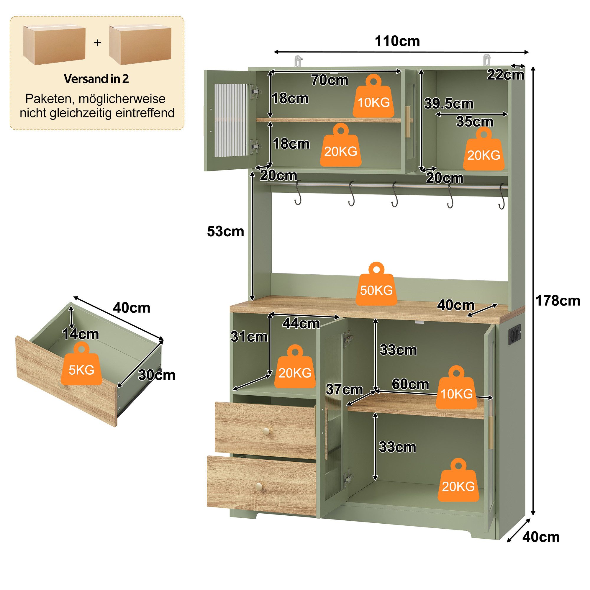 Celya Hochschrank Küchenschrank Küchenregal mit Steckdose und RGB-Beleuchtung (mit Tür aus Sicherheitsglas, Weinregal, verstärkter Arbeitsplatte)