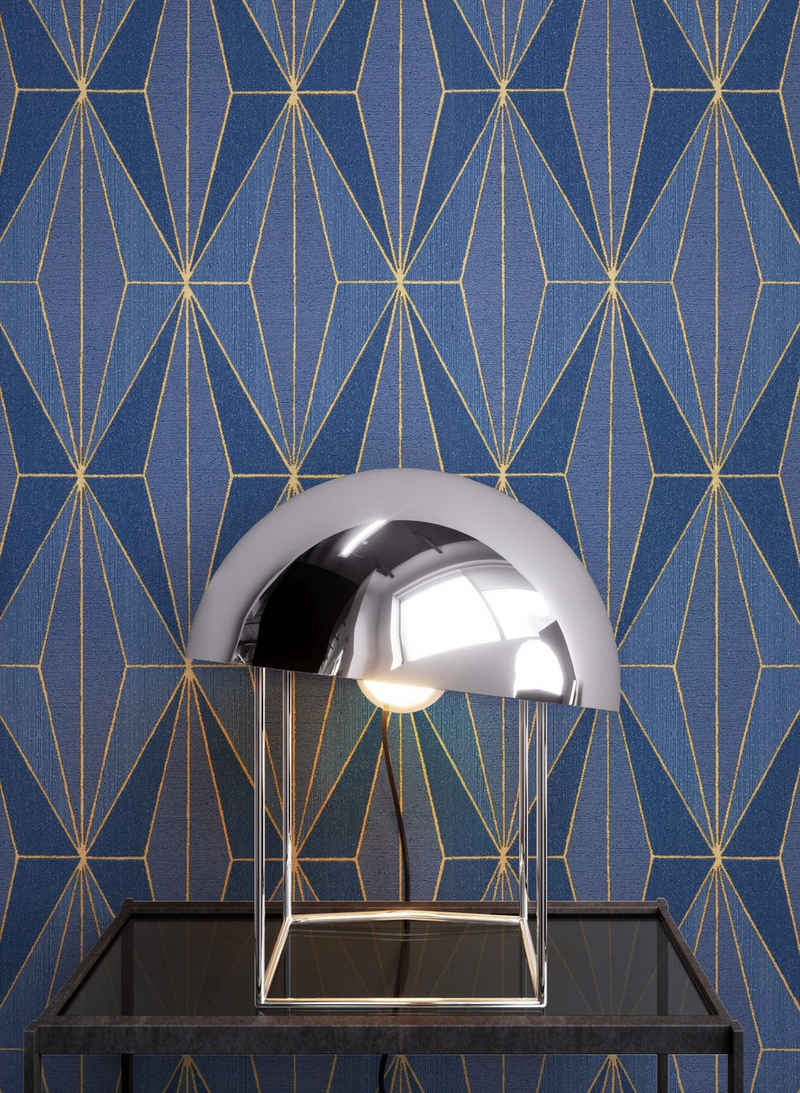 Newroom Vliestapete, Blau Tapete Grafisch Leicht Glänzend - Mustertapete Grafiktapete Gold Geometrisch Modern Grafik Muster für Wohnzimmer Schlafzimmer Küche