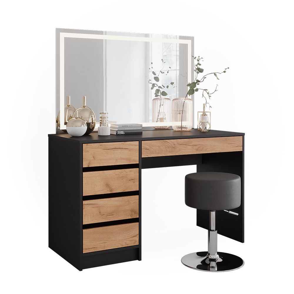 Vicco Schminktisch Sherry, Anthrazit/Goldkraft Eiche, 120 x 75 cm mit LED-Spiegel und ...