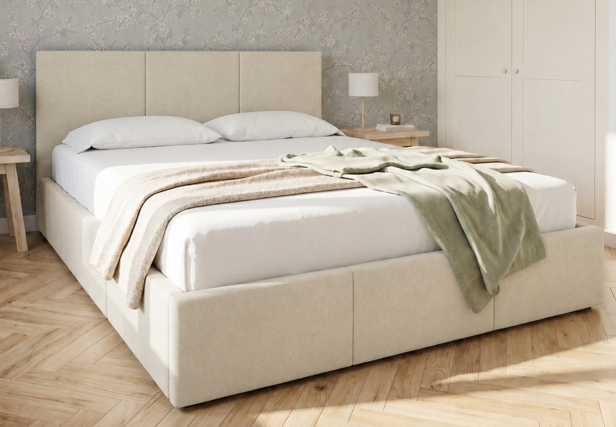 Home Collective Polsterbett Bett Doppelbett Bettgestell mit Lattenrost & Stauraum, mehrere Größen (Größen: 120x200 140x200 160x200 180x200, samtweicher Veloursstoff, in Europa hergestellt), Bettkasten, flexibler Lattenrost mit Härtegradeinstellung Beige