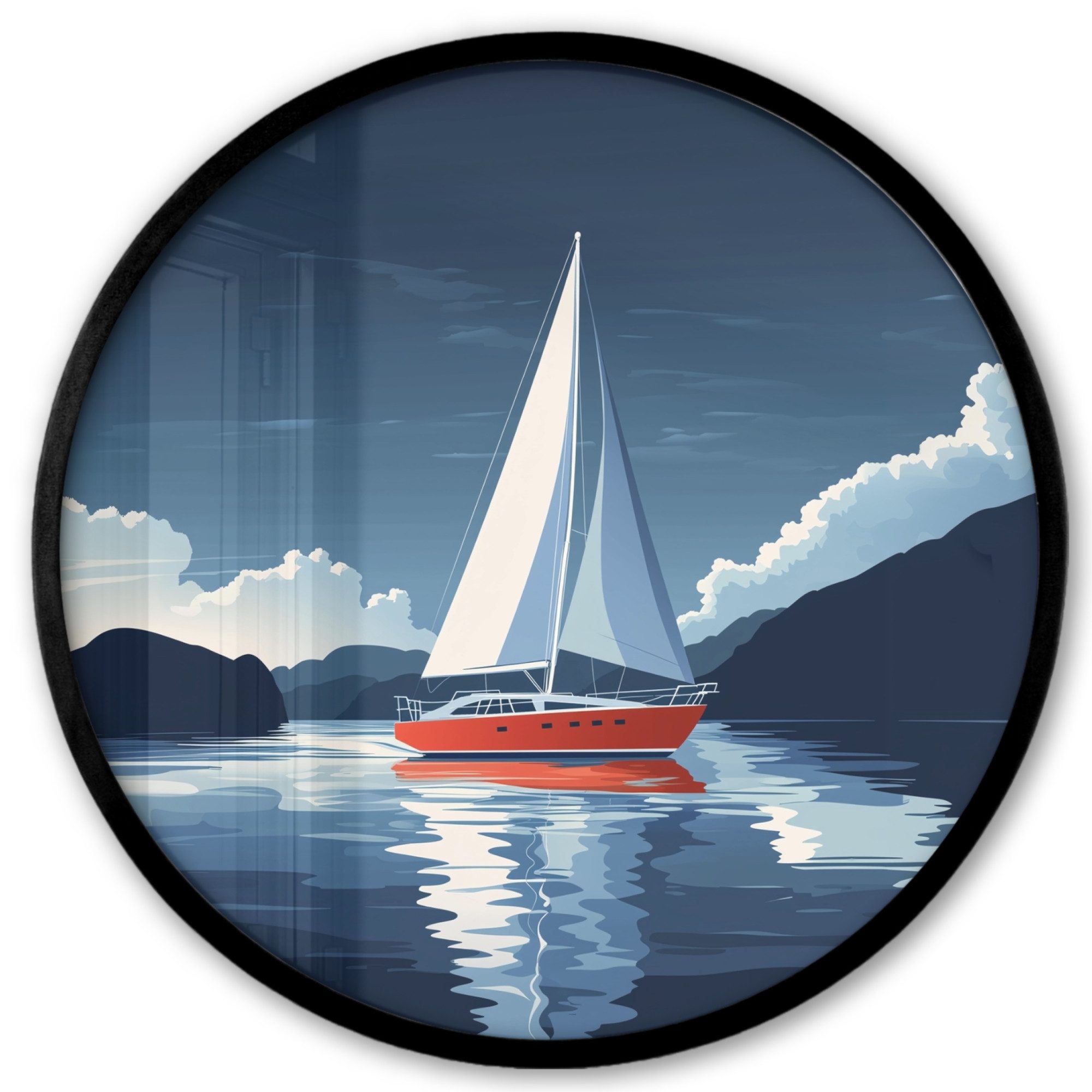 MuchoWow Poster Rund - Segelboot - Dunkle Berge - Stille, (1 St), Runde Wandbilder, Deko für Wohnzimmer und Schlafzimmer, 40x40 cm