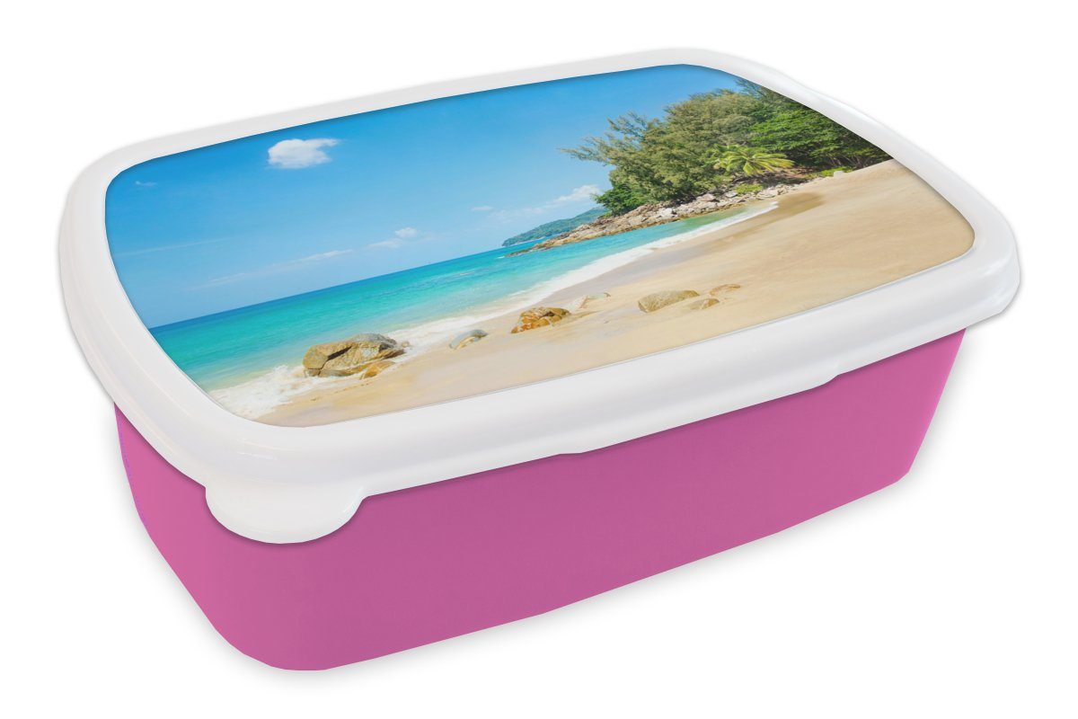 MuchoWow Lunchbox Strand - Meer - Pflanzen - Tropisch, Kunststoff, (2-tlg), Brotbox für Erwachsene, Brotdose Kinder, Snackbox, Mädchen, Kunststoff rosa