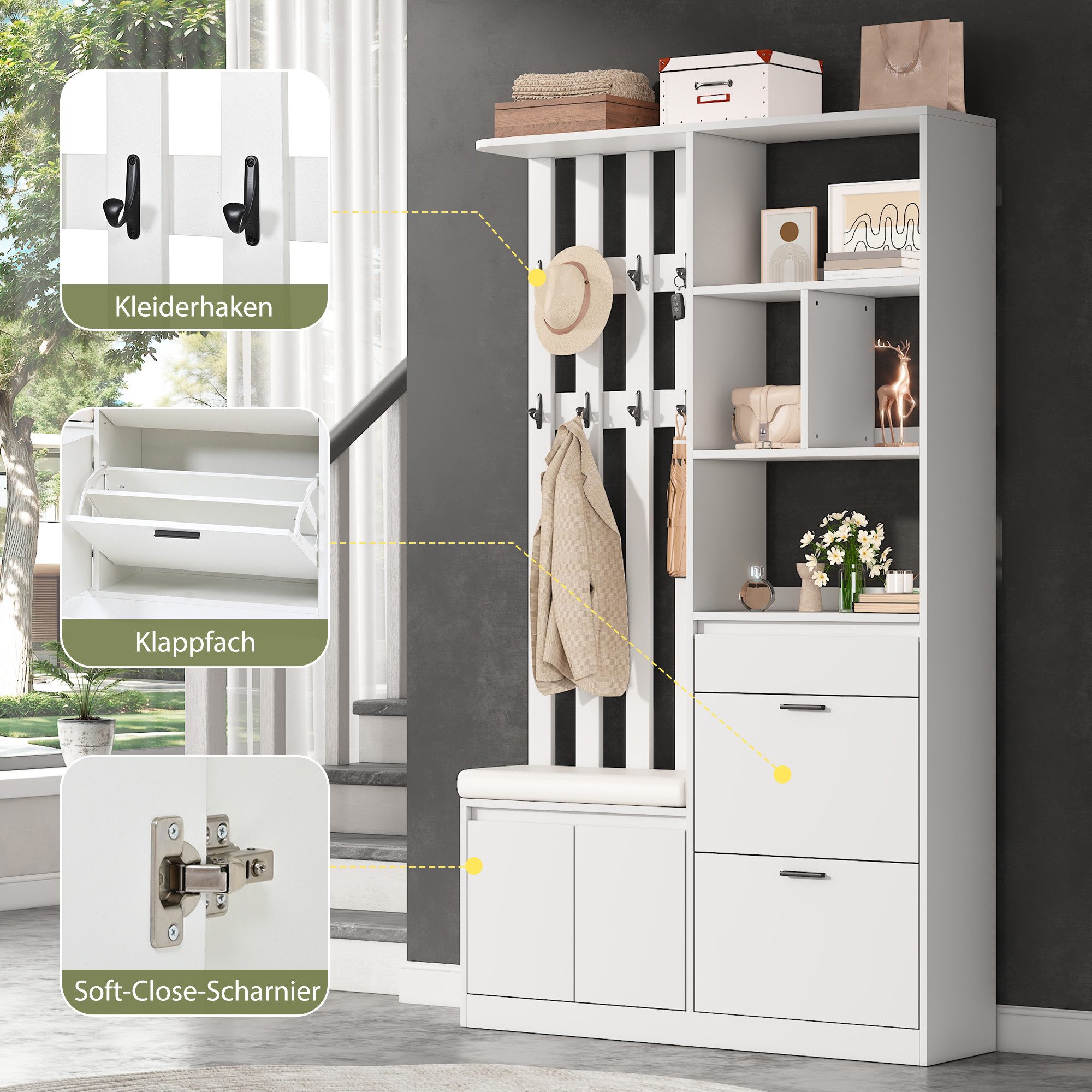 Merax Garderobenschrank mit Sitzbank, 2 Schuhklappen, Schublade, 2 Türen und 10 Haken (1-St) Flurgarderobe Garderobe für Eingangsbereich, 120x30x200cm – Bild 5 von 5
