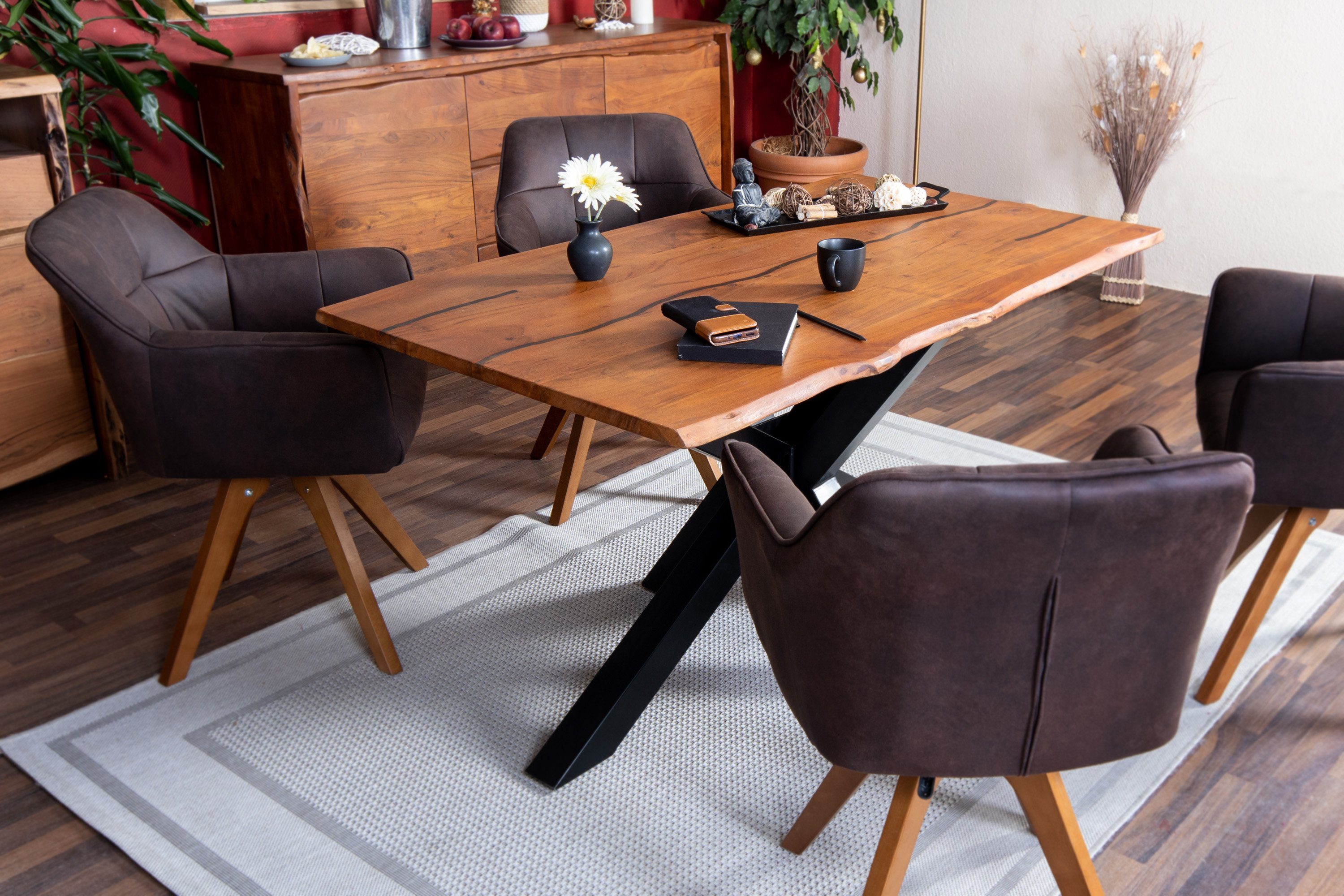 Junado® Esstisch Polly, Tisch Baumkante 80 schwarz nussbaumfarben x 120 cm