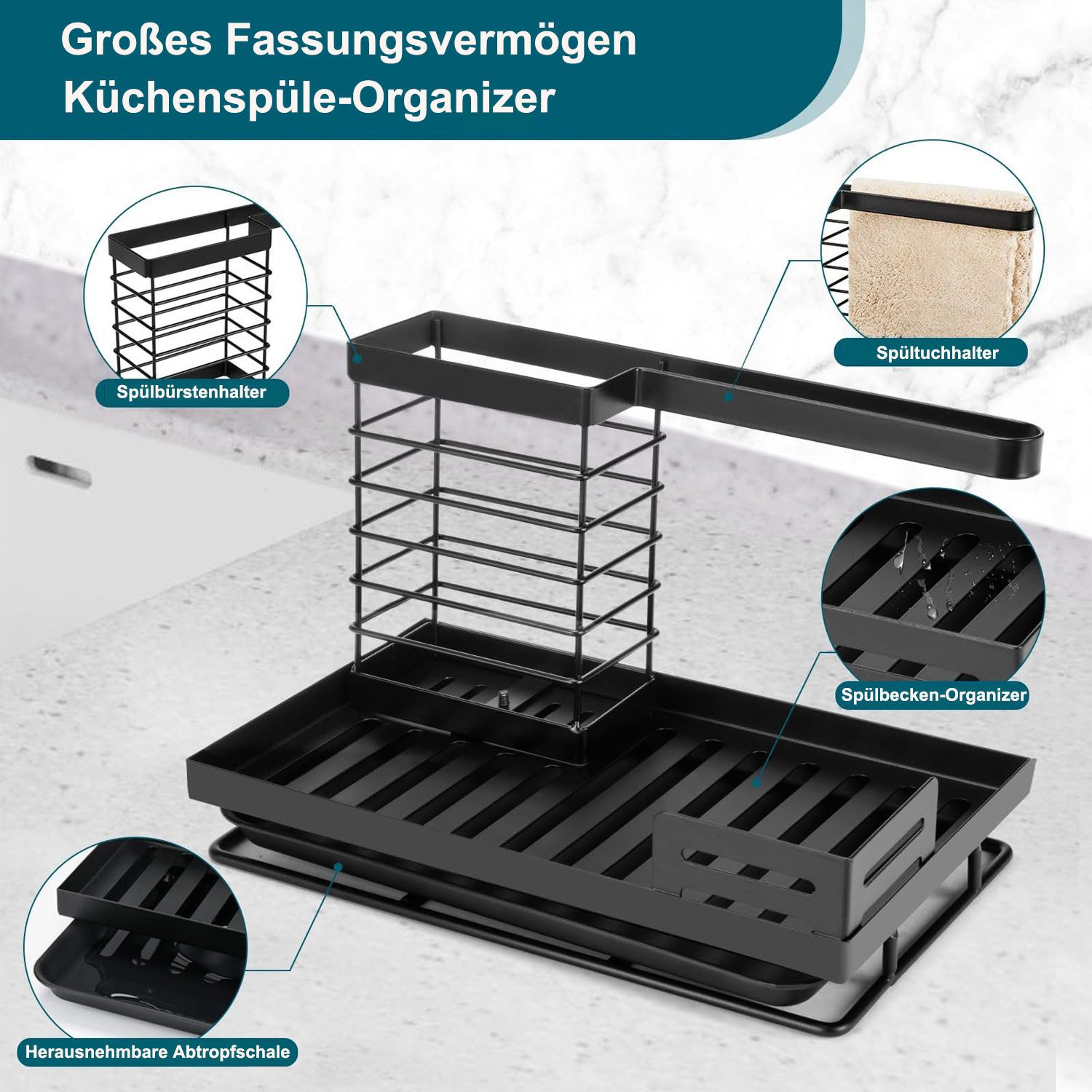 SURFOU Küchenorganizer-Set Spülbecken Organizer Spüle Organizer Spüllappenhalter Schwammhalter, (Hochwertiger Kohlenstoffstahl Schwammhalter/Spüllappenhalter mit Abflusspfanne, küchenutensilienhalter Kitchen Sink Caddy Organizer), Schnelle Entwässerung, verhindert stehendes Wasser