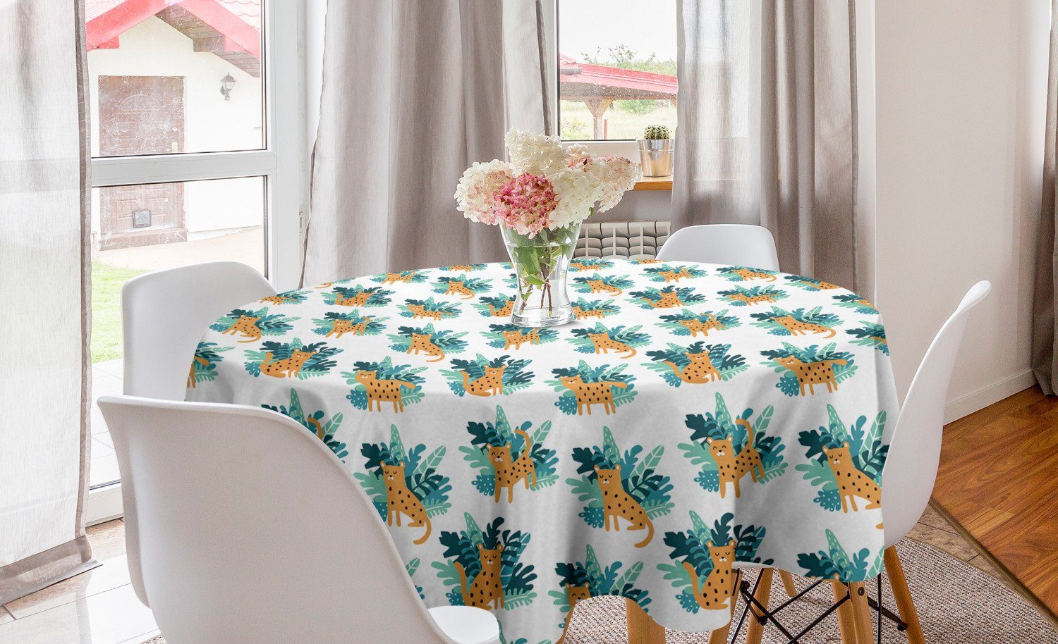 Abakuhaus Tischdecke Kreis Tischdecke Abdeckung für Esszimmer Küche Dekoration, Tiere Cheetah Greenery Muster