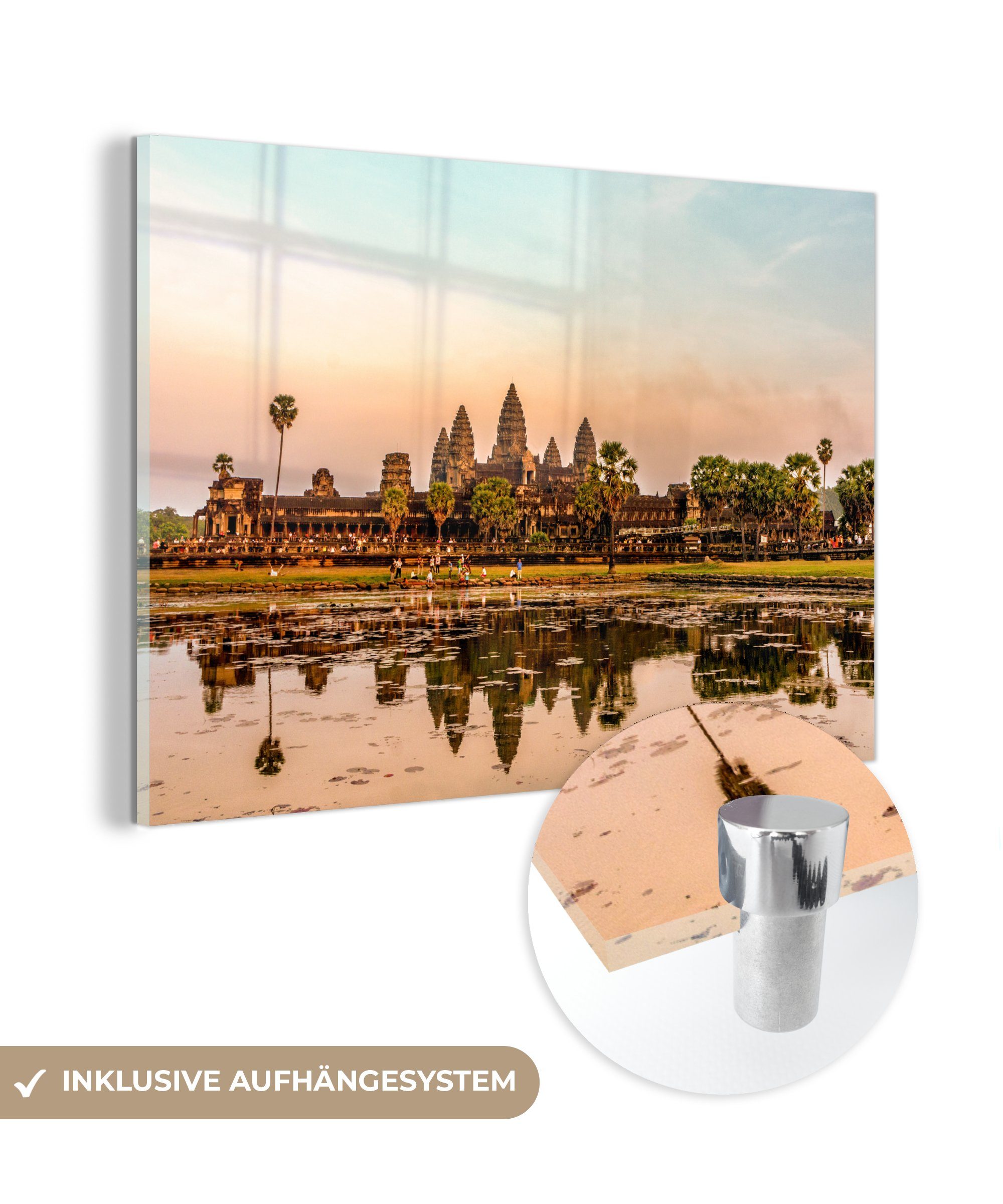 MuchoWow Acrylglasbild Angkor Wat im Sonnenuntergang mit Spiegelung des Wassers, (1 St), Acrylglasbilder Wohnzimmer & Schlafzimmer