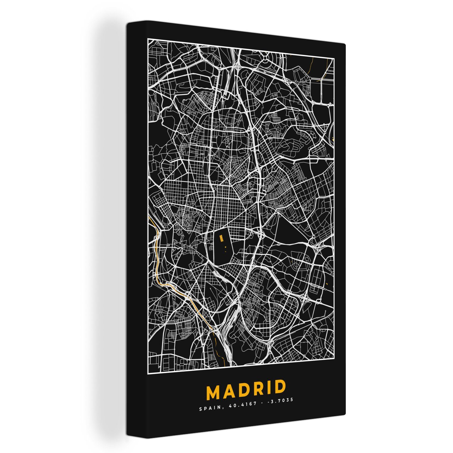 OneMillionCanvasses® Leinwandbild Madrid - Gold - Karte - Stadtplan, (1 St), Leinwandbild fertig bespannt inkl. Zackenaufhänger, Gemälde, 20x30 cm