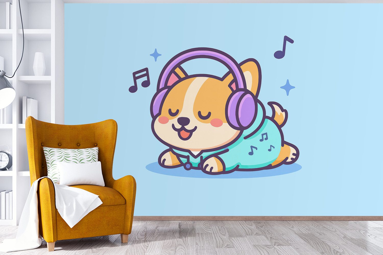 MuchoWow Fototapete Corgi - Kopfhörer - Blau - Musikalische Noten, Matt, bedruckt, Wallpaper für Wohnzimmer, Schlafzimmer, Vinyl Tapete, 390x260 cm