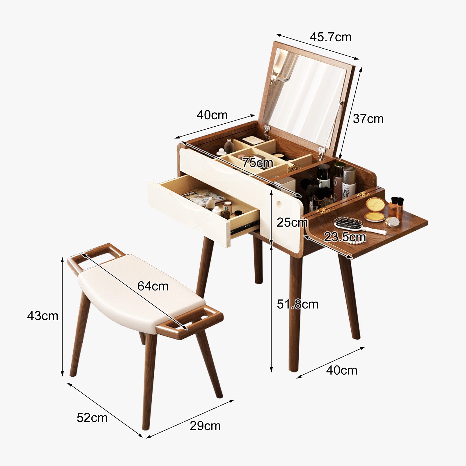 Graceabode Schminktisch mit Spiegel – Make-up-Tisch mit verstecktem Aufbewahrungsfach (mit Hocker), Aufklappbarer Schminkspiegel, praktisch fürs Schlafenzimmer