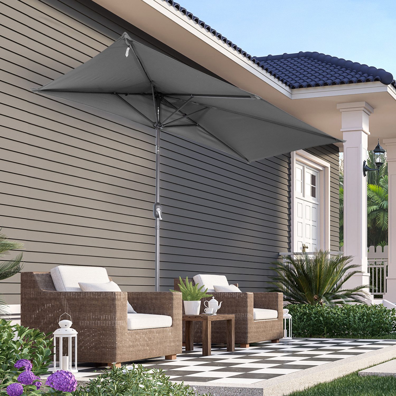 Angel Living Sonnenschirm 2,5m Rechteck-Halbschirm mit Kurbelmechanismus und Neigefunktion, ohne Schirmständer, Terrassenschirm, UV30+ Schutz für Garten, Terrasse, Balkon, Pool