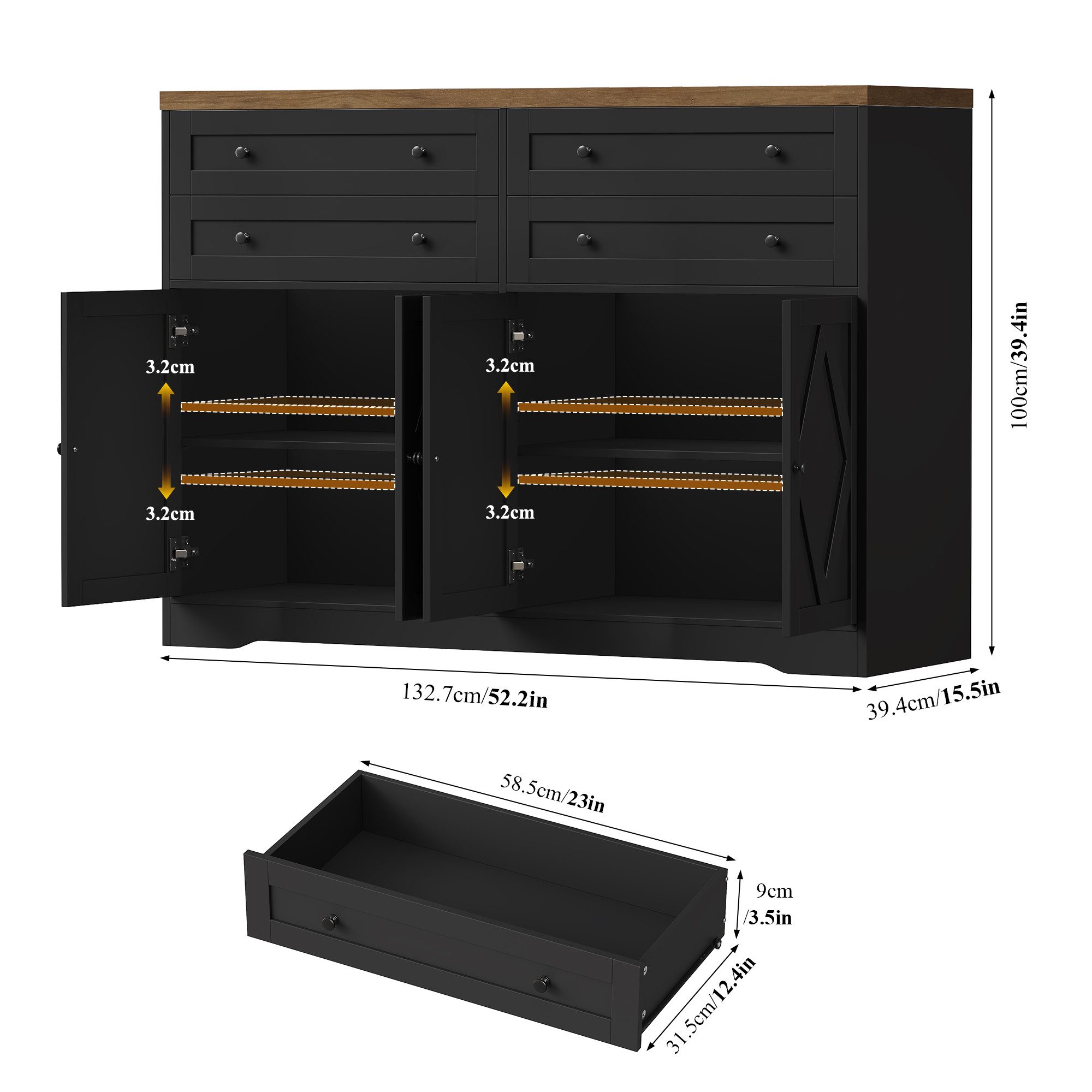 HOMECHO Sideboard, 132,7 cm Breit Küchenschrank mit 4 Schubladen 4 Türen