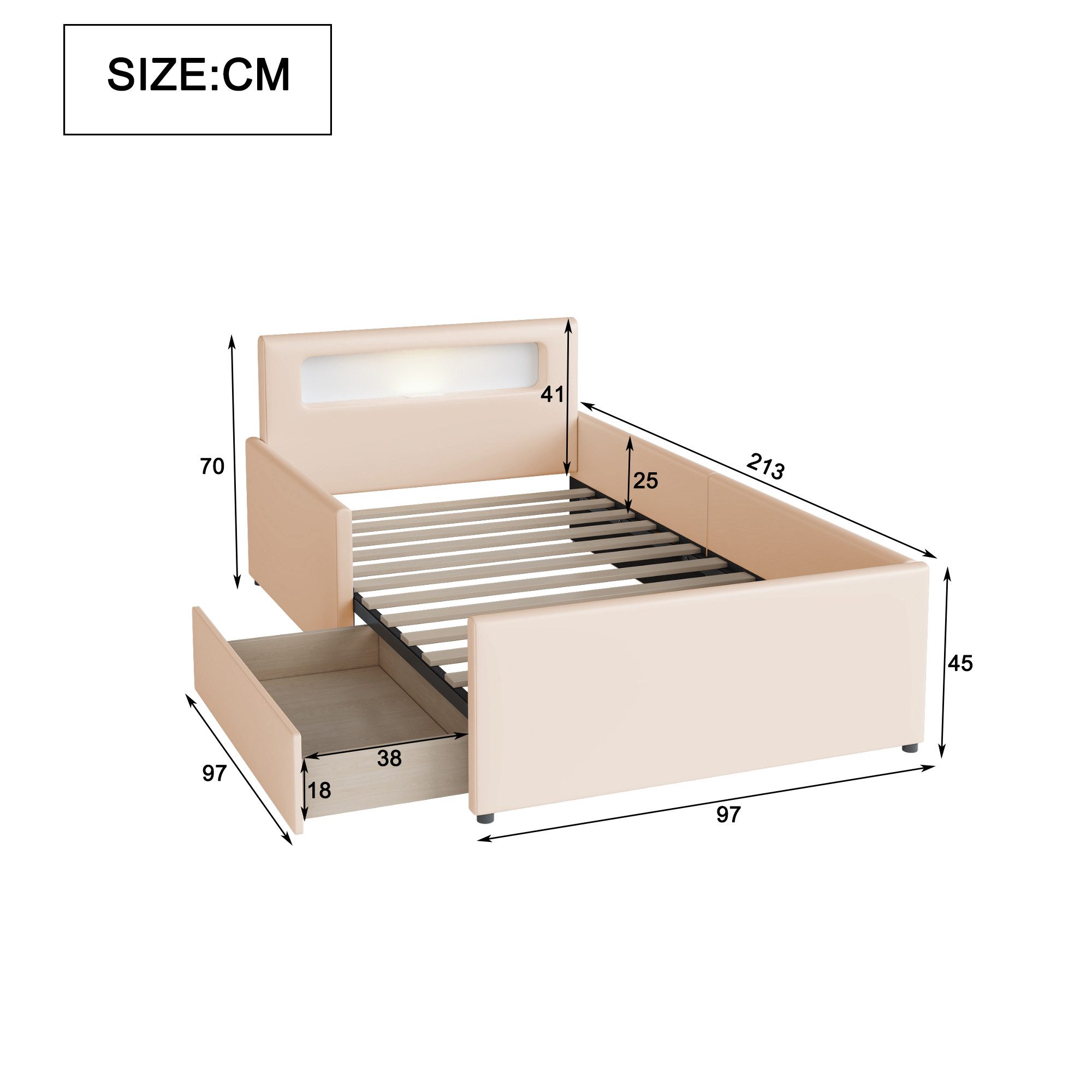 Merax Polsterbett mit USB-Ladeanschluss und Nachtlicht (Jugendbett Einzelbett, 1-tlg., aus Kunstleder), Kinderbett 90x200cm mit Schublade, Sicherheitsseiten & S – Bild 5 von 5