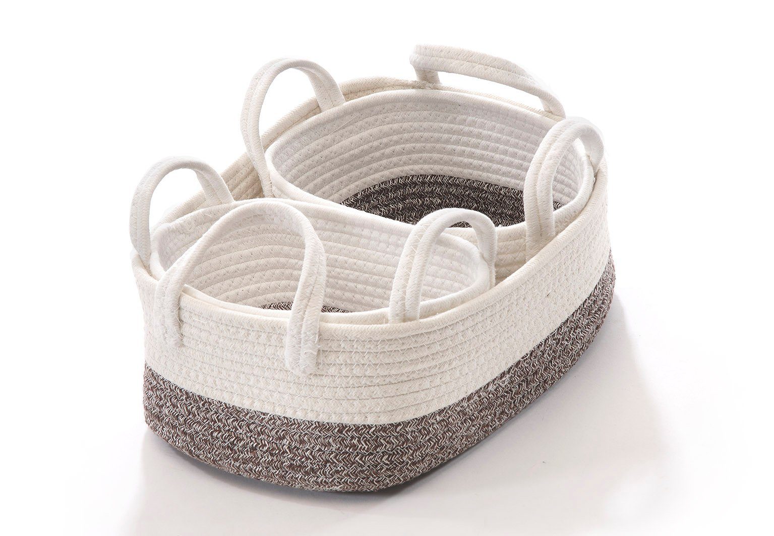 Kobolo Aufbewahrungskorb Baumwollkorb oval weiß beige mit Griffen 3er Set (3er Set, 3 St., 3 Stück)