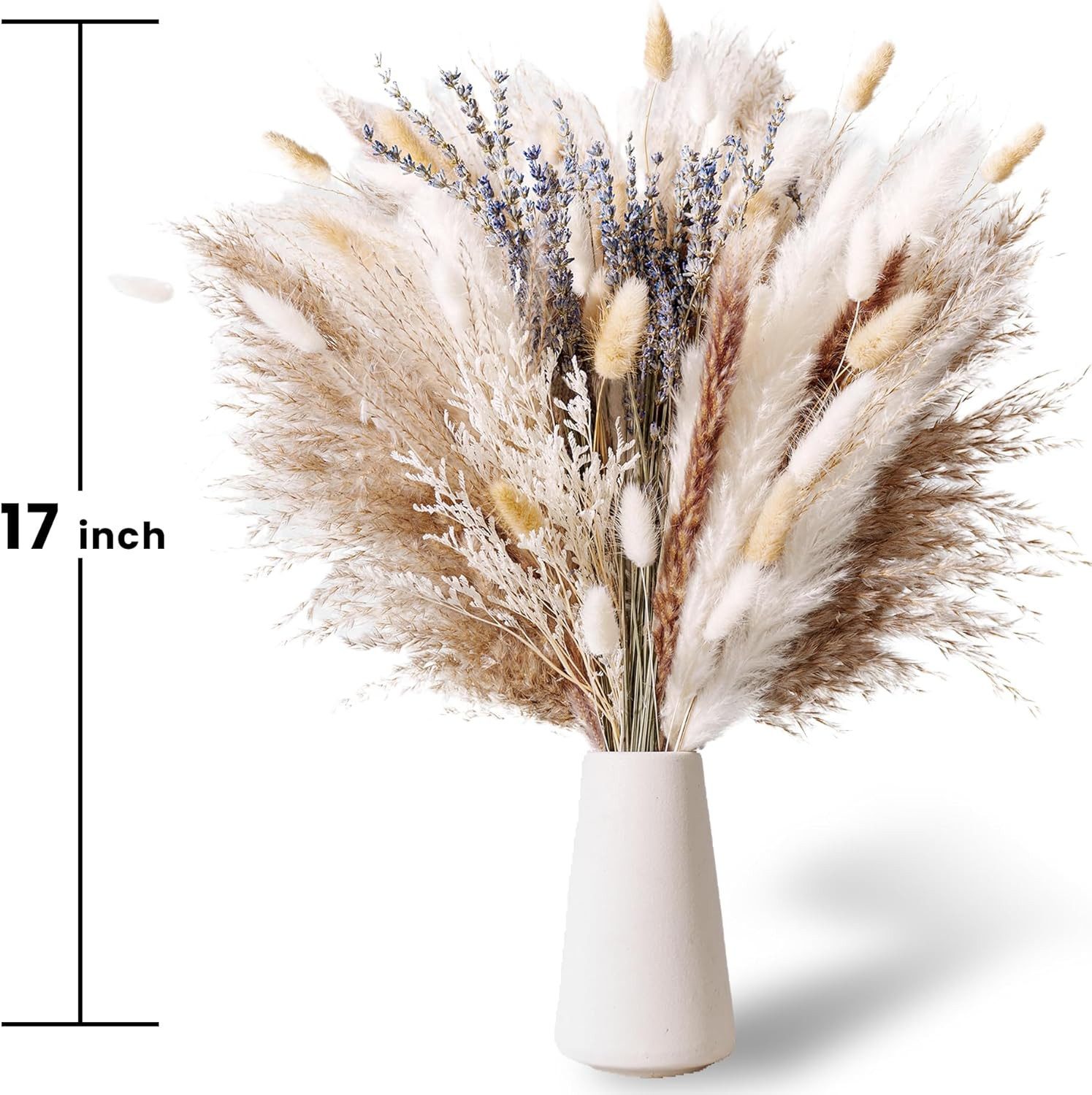 Trockenblume Pampasgras Deko,Fensterbrett Deko & Wohnzimmerdeko im Boho Stil 105pcs Braun,Weiß Pampasgras, Lavendel und Schilfgräser, wohnTRAUM24, Höhe 43 cm, DIY Trockene Blüten Strauß for Boho Wohnzimmer-Schlafzimmer-und Vasen