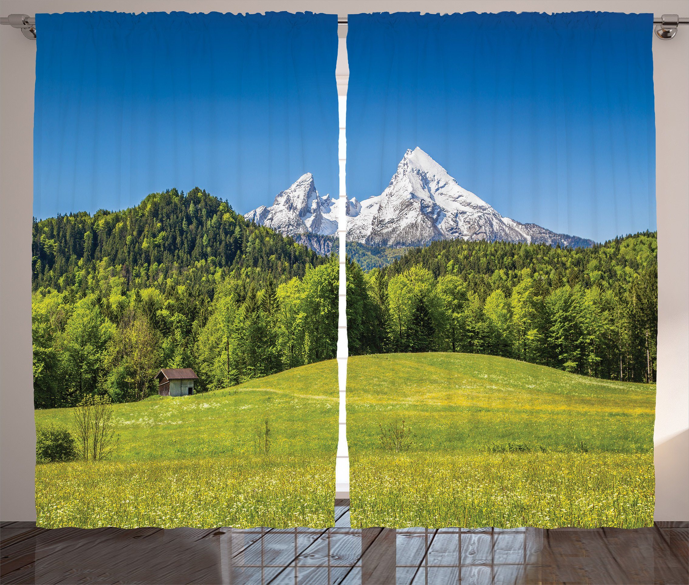 Gardine Schlafzimmer Kräuselband Vorhang mit Schlaufen und Haken, Abakuhaus, Landschaft Bayerische Alpen Dorf