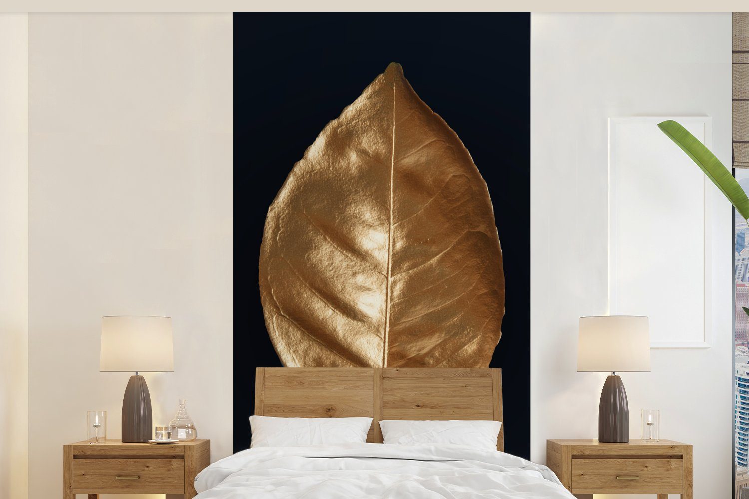 Fototapete Wohnzimmer Blätter - - bedruckt, (2 Küche, Chic Pflanzen Fototapete - Matt, - Gold St), MuchoWow Schwarz, Vliestapete für Schlafzimmer