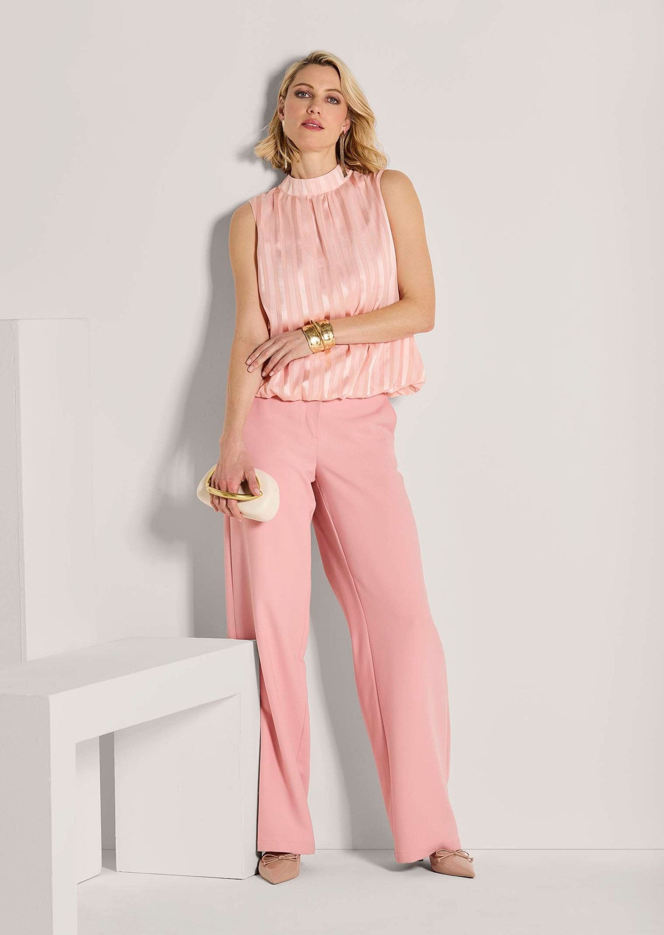 MADELEINE Kurzarmbluse Elegante ärmellose Bluse Streifenmuster mit Stehkragen und Gummizug