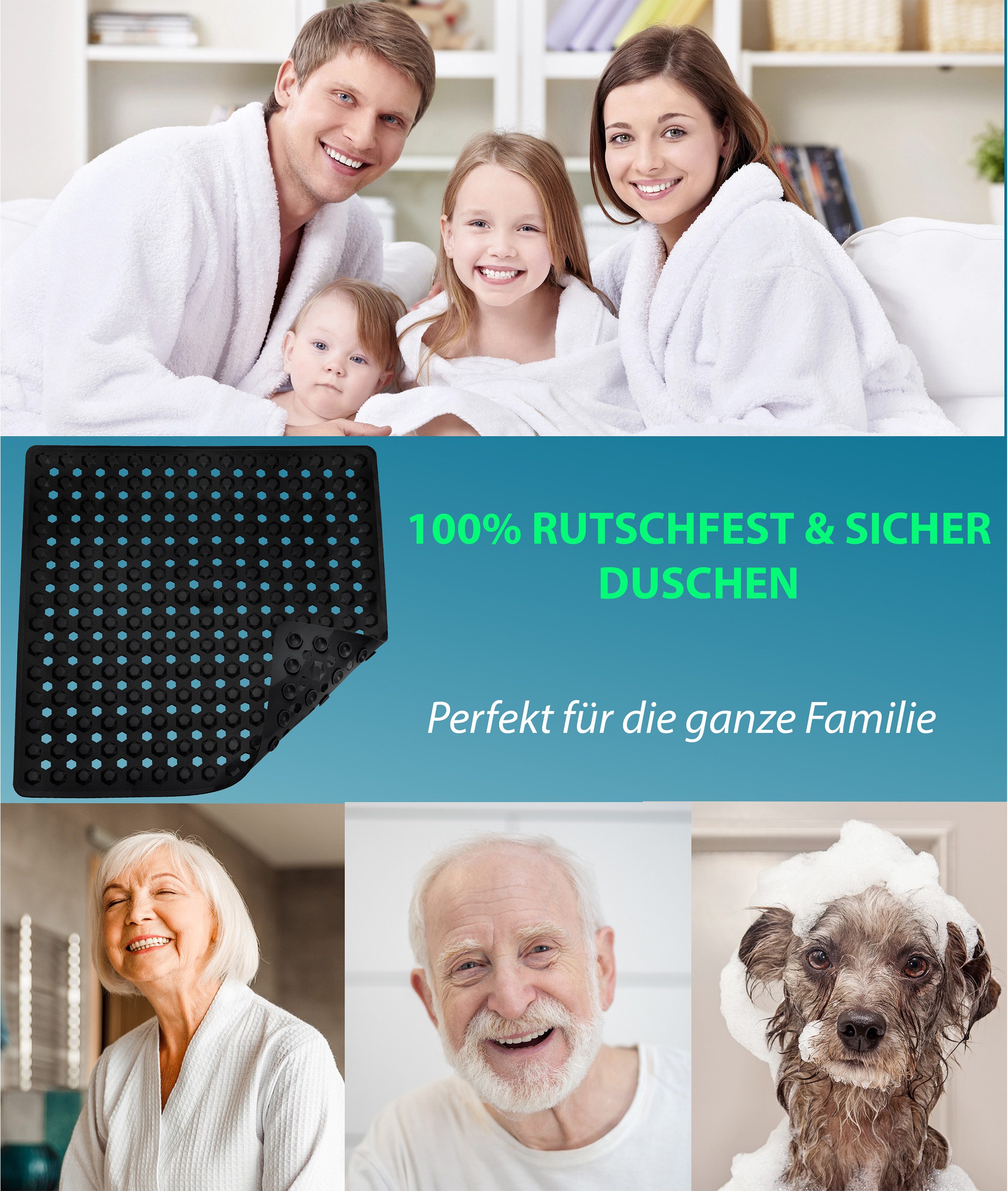 Blumbach Duschmatte - griffige Antirutschmatte Diamant 53 x 53 cm, - 100% BPA-frei, inkl. 2 Haken zum Aufhängen, Duscheinlage, schimmelressisten & maschinenwasc – Bild 5 von 5