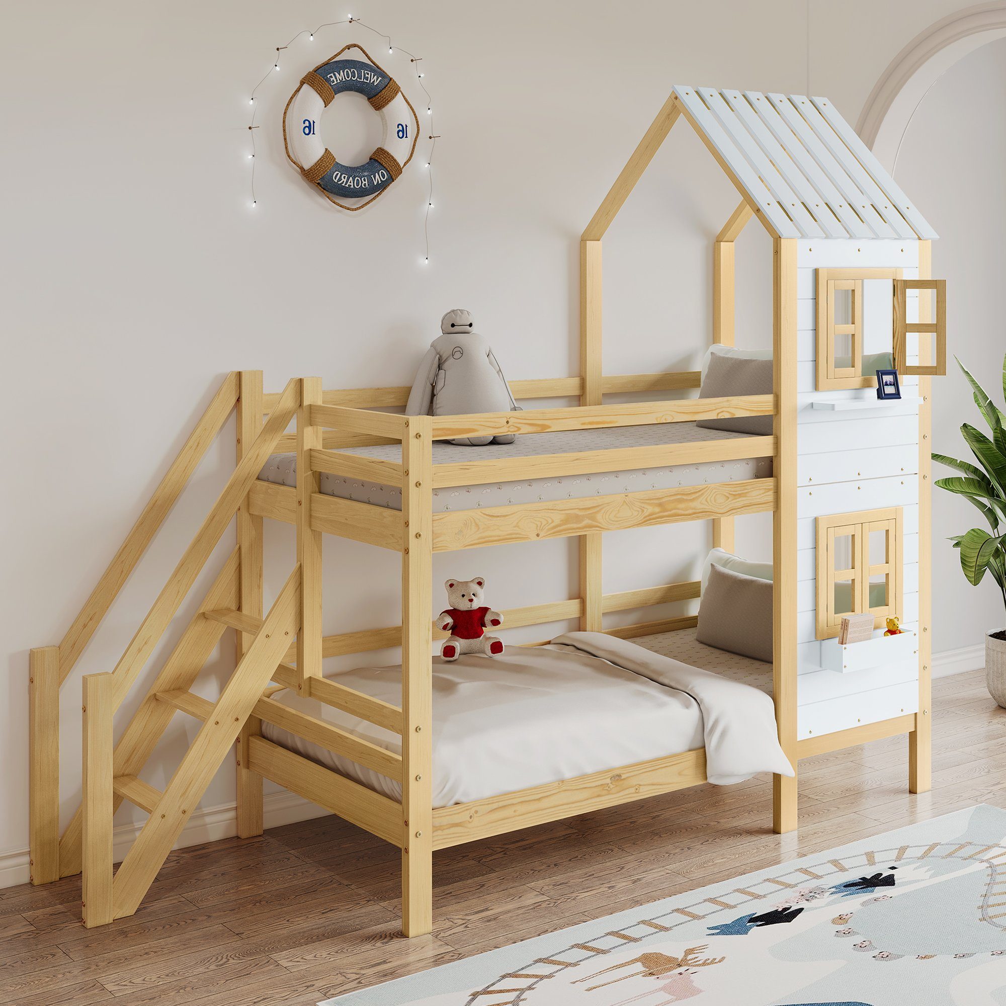 Etagenbett (Hochbett Kinderbett 90x200 cm), inklusive Trittleiter und Rundum-Absturzschutz, Kiefer