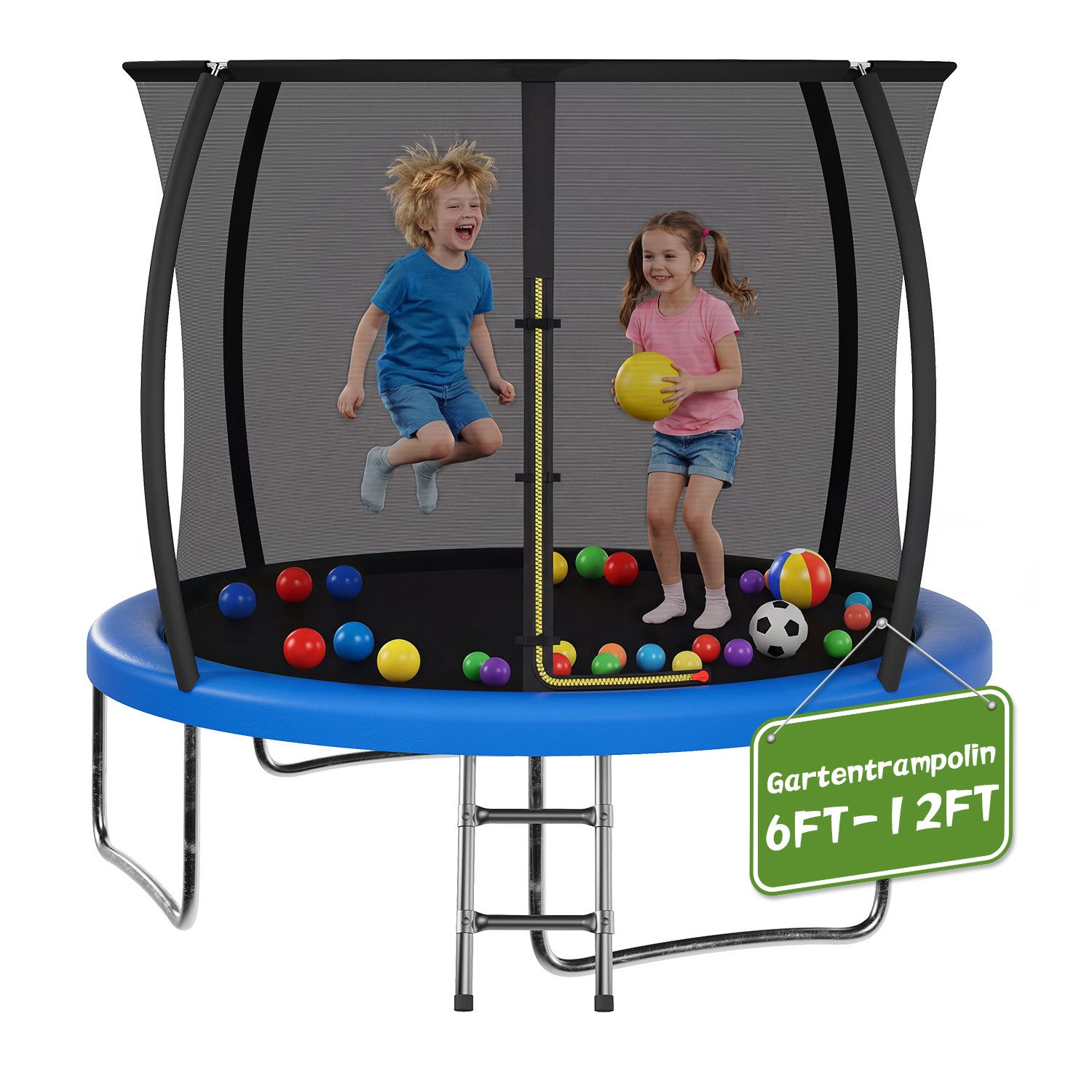GUNJI Gartentrampolin Durchmesser 183/222/290/360 cm, Kindertrampoline Outdoor-Trampoline, Ø 290 cm, (Ausgestattet mit Sicherheitsnetz, Leiter und 360 -Gelander, maximale Tragkraft 120 kg)