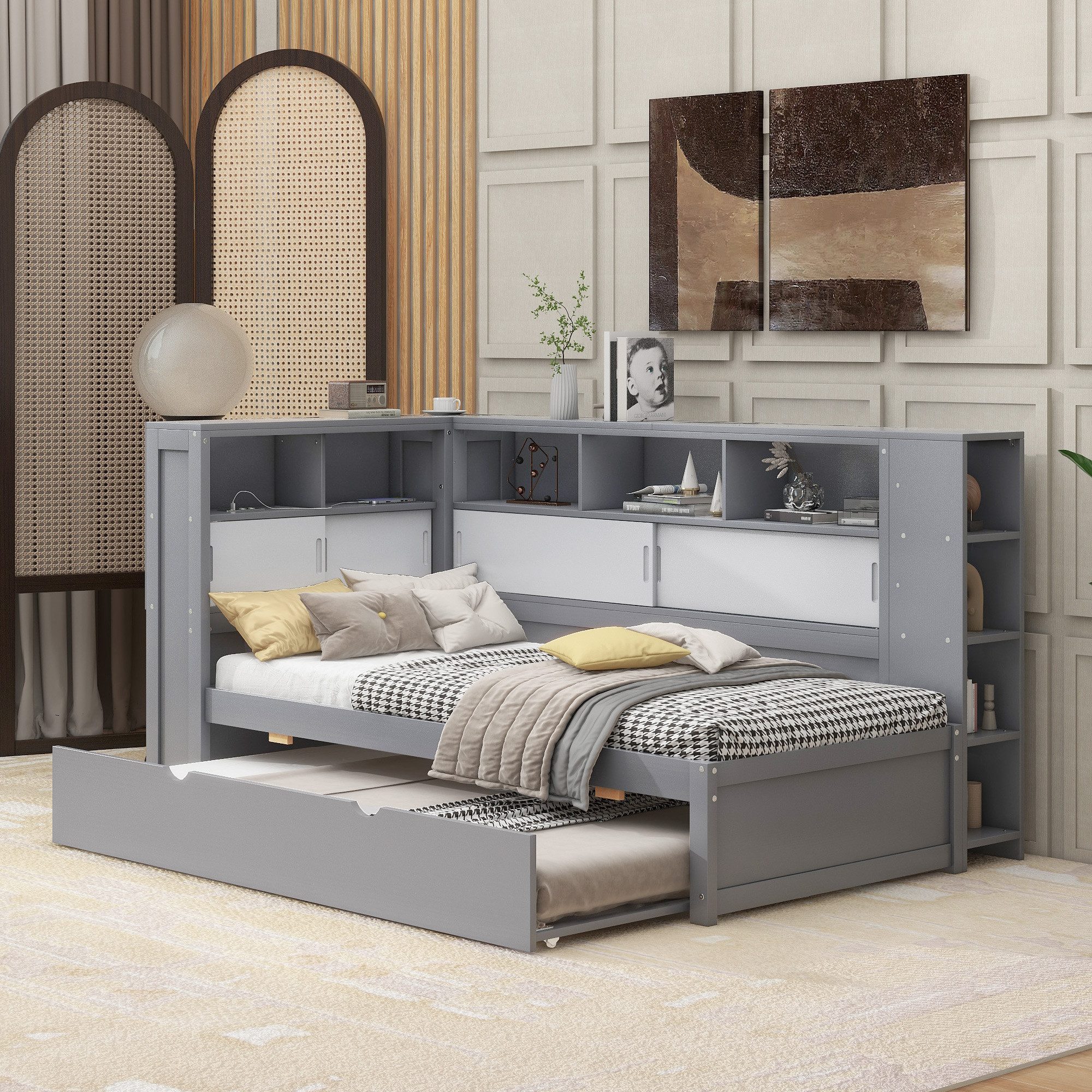 Flieks Massivholzbett, Holzbett 90x200cm mit Ladeanschluss/ Stauraum/ Auszi günstig online kaufen