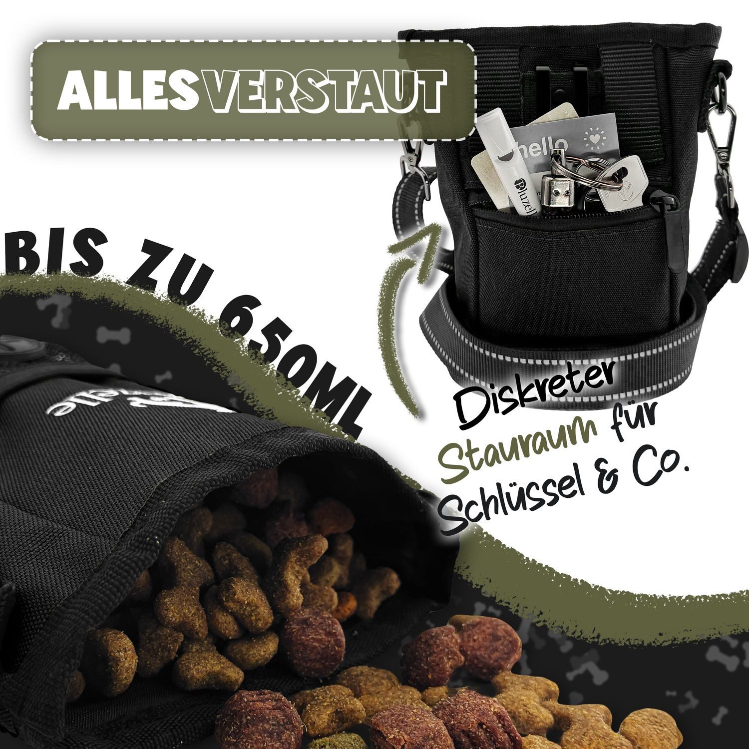 Bluzelle Leckerlibeutel, Leckerli Tasche für Hunde / Inhalt 650ml / Magnetverschluss / mit Gurt