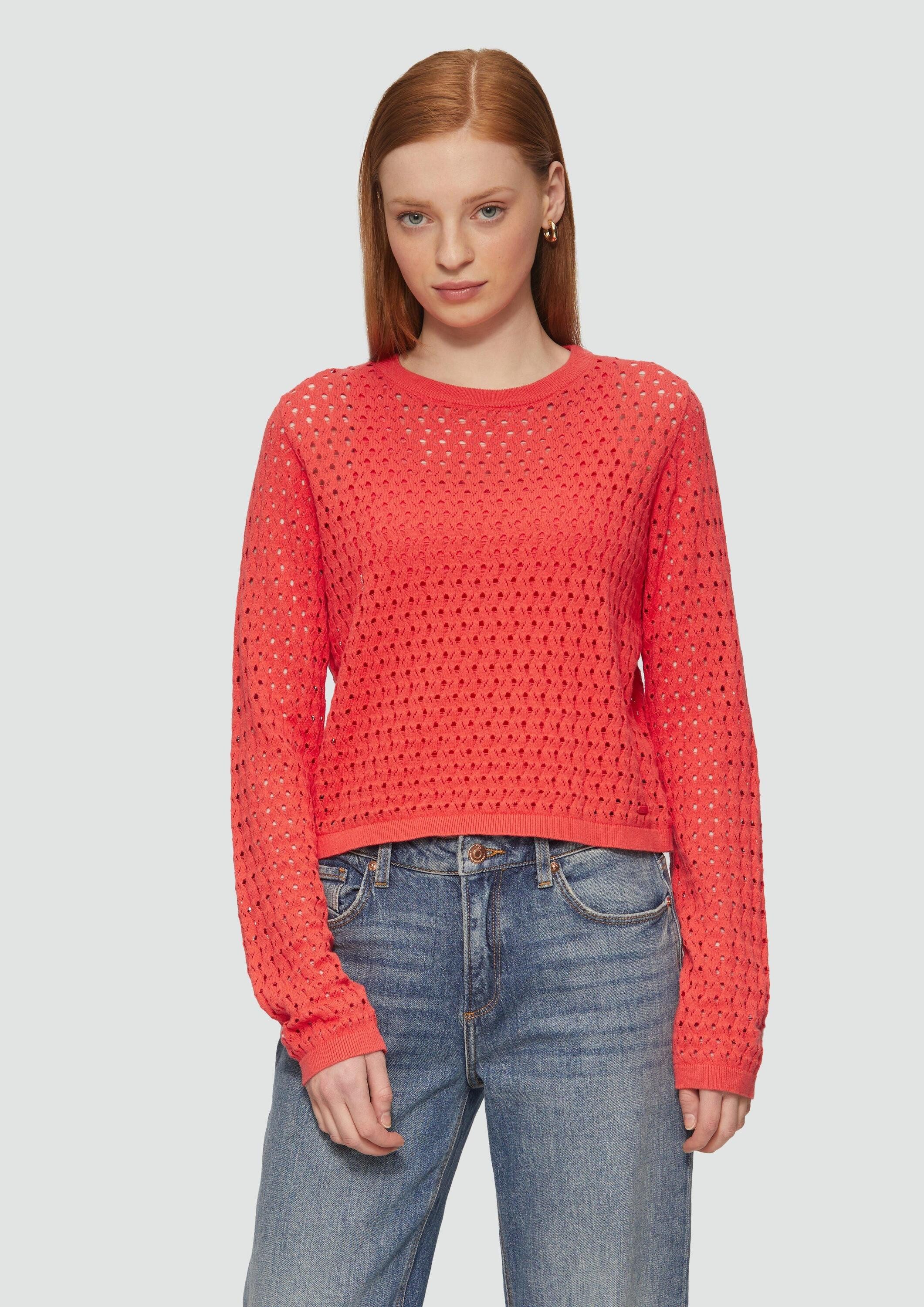 QS Langarmshirt T-Shirt Leichter Baumwollpullover mit Ajourmuster