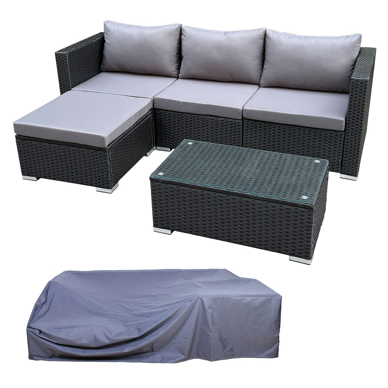 SVITA Loungeset QUEENS, (Set, 6-tlg., Garten-Lounge), modular stellbar, breite Armlehnen, mit Abdeckhaube, Schwarz
