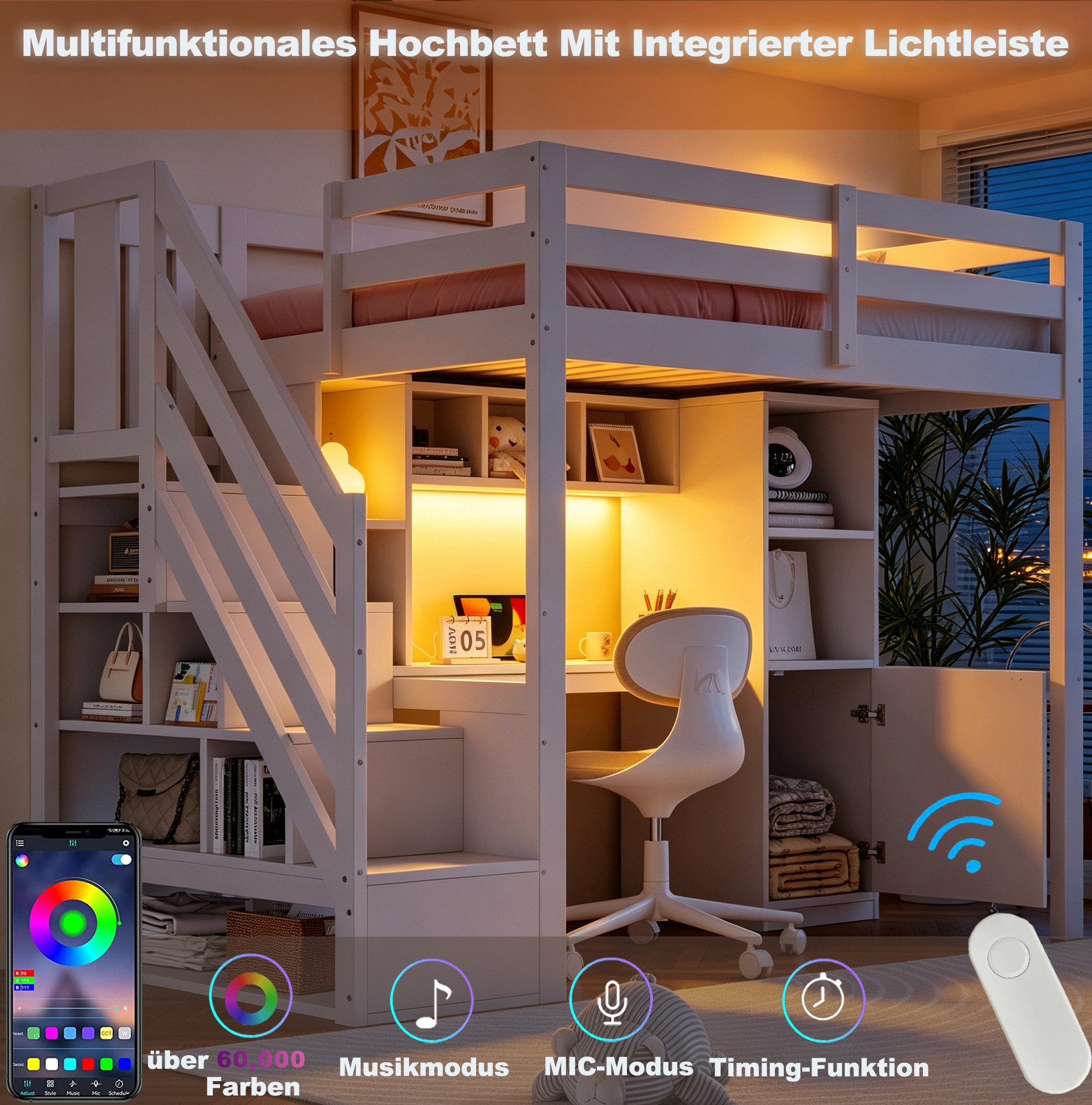 MODFU Hochbett Holzbett mit Leiter-Treppe, Schreibtisch, Ablagefächern, Kinderbett (mit Sicherheitsgitter 90x200 cm, LED-Licht und praktischen Steckdosen) Jugendbett, ohne Matratze