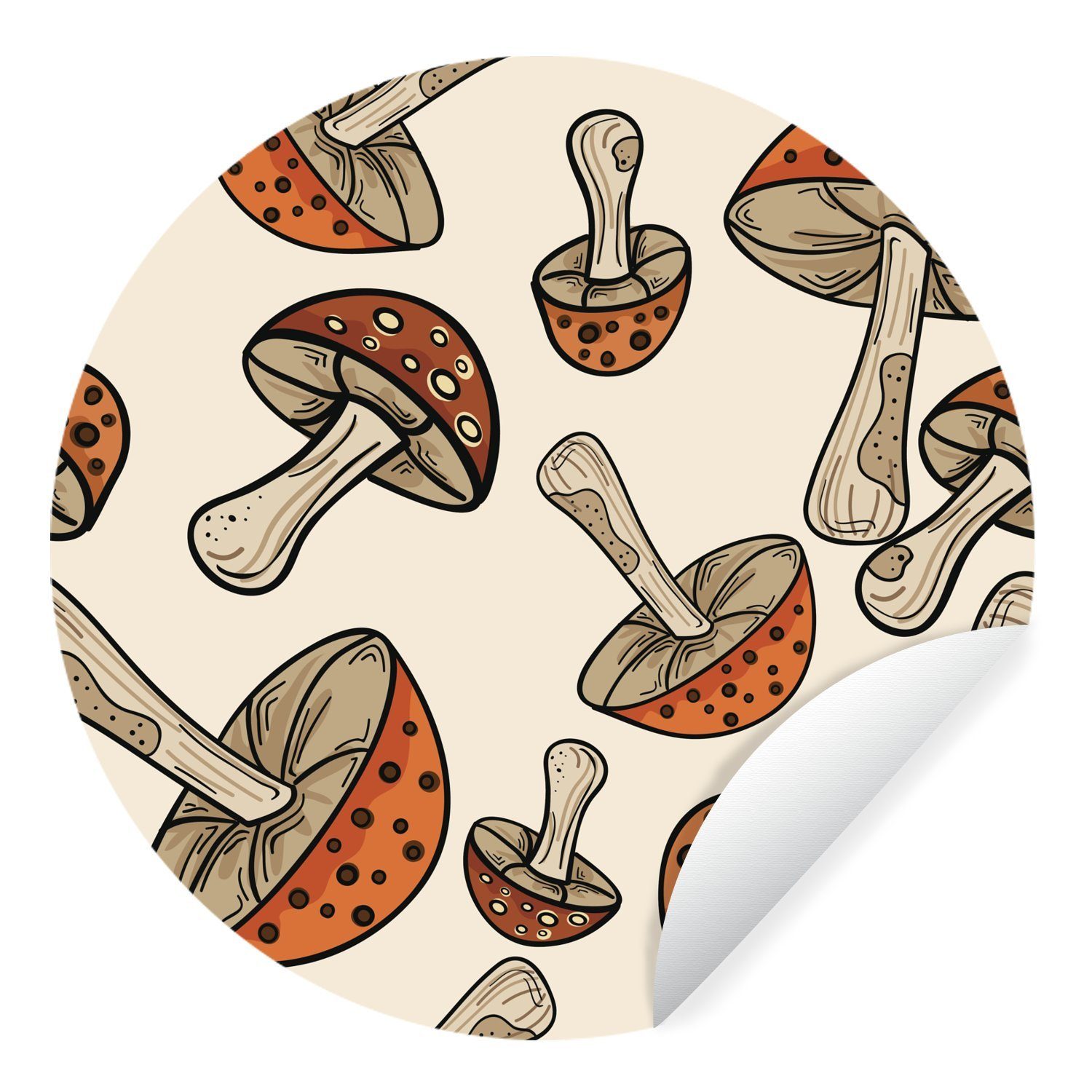MuchoWow Wandsticker Muster - Pilze - Orange (1 St), Tapetenkreis für Kinderzimmer, Tapetenaufkleber, Rund, Wohnzimmer